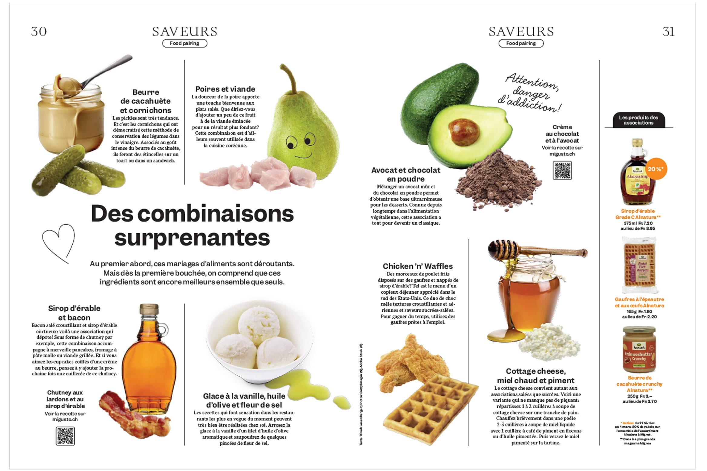 Mise en page d'une double page de la rubrique «Saveurs» du magazine Migros
