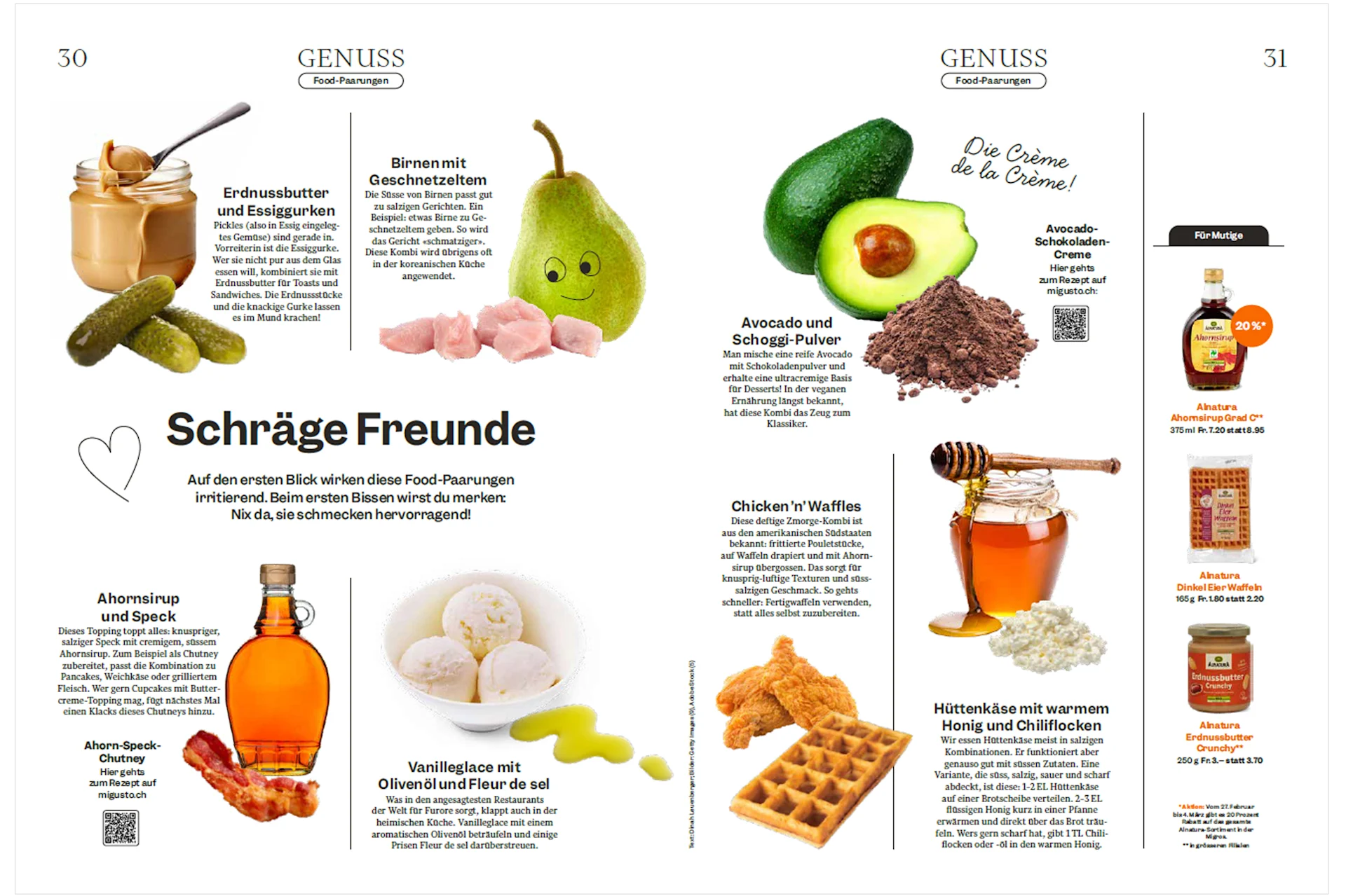 Layout einer Doppelseite der Rubrik "Genuss" aus dem Migros-Magazin