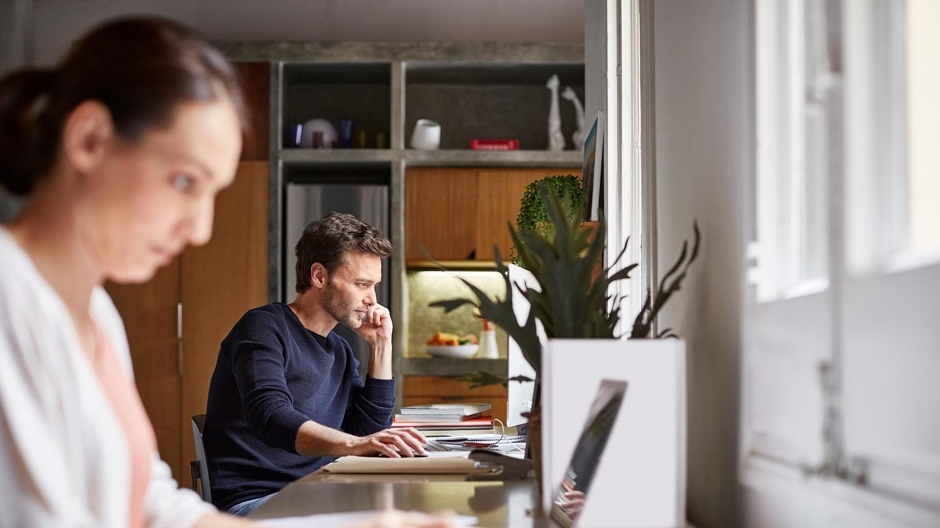Un ufficio con due persone che lavorano alle scrivanie. Sullo sfondo ci sono scaffali, una pianta e la luce del giorno visibile attraverso le finestre.