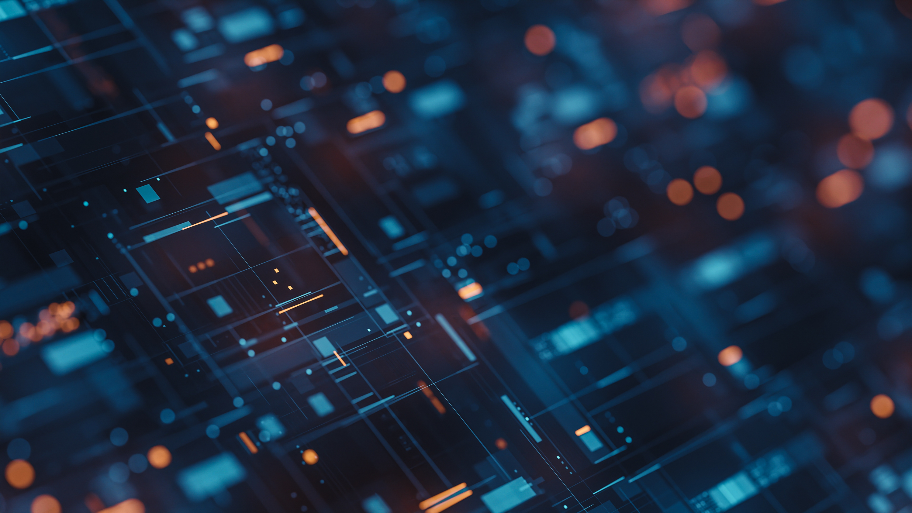 Ein abstraktes Bild eines digitalen Netzwerks oder einer Technologie-Plattform, dargestellt durch leuchtende Linien, Punkte und geometrische Muster in Blau- und Orangetönen.