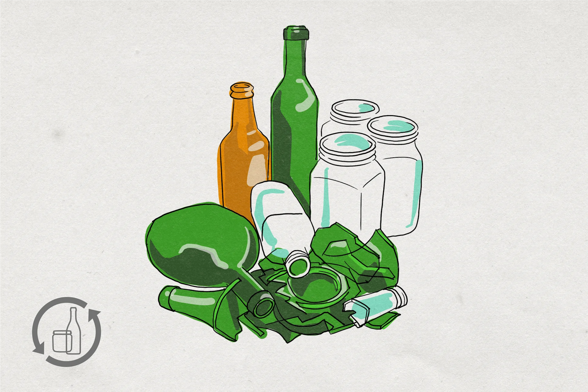 Image de bouteilles et de bocaux vides de couleur marron, verte ou blanche.