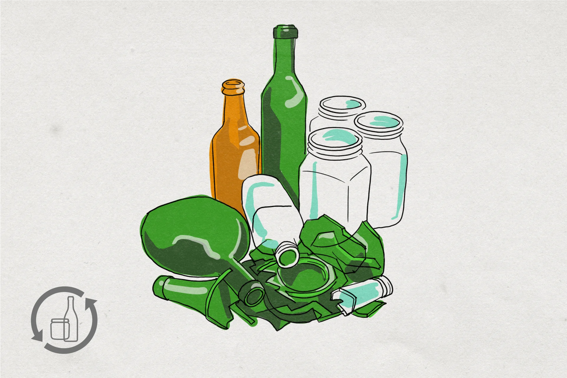 Illustration of empty brown, green and white bottles and glass.