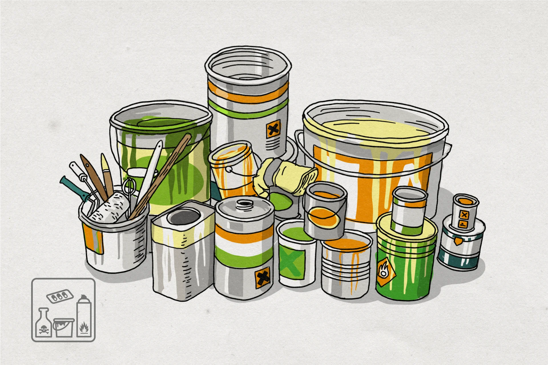 Illustrazione di secchi e barattoli di vernice o pittura e di contenitori di prodotti chimici usati.