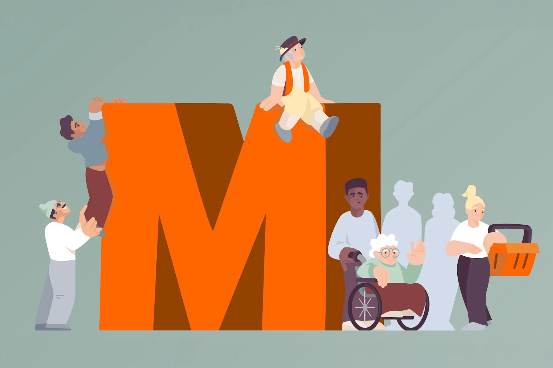 Leute stehen um orangen M