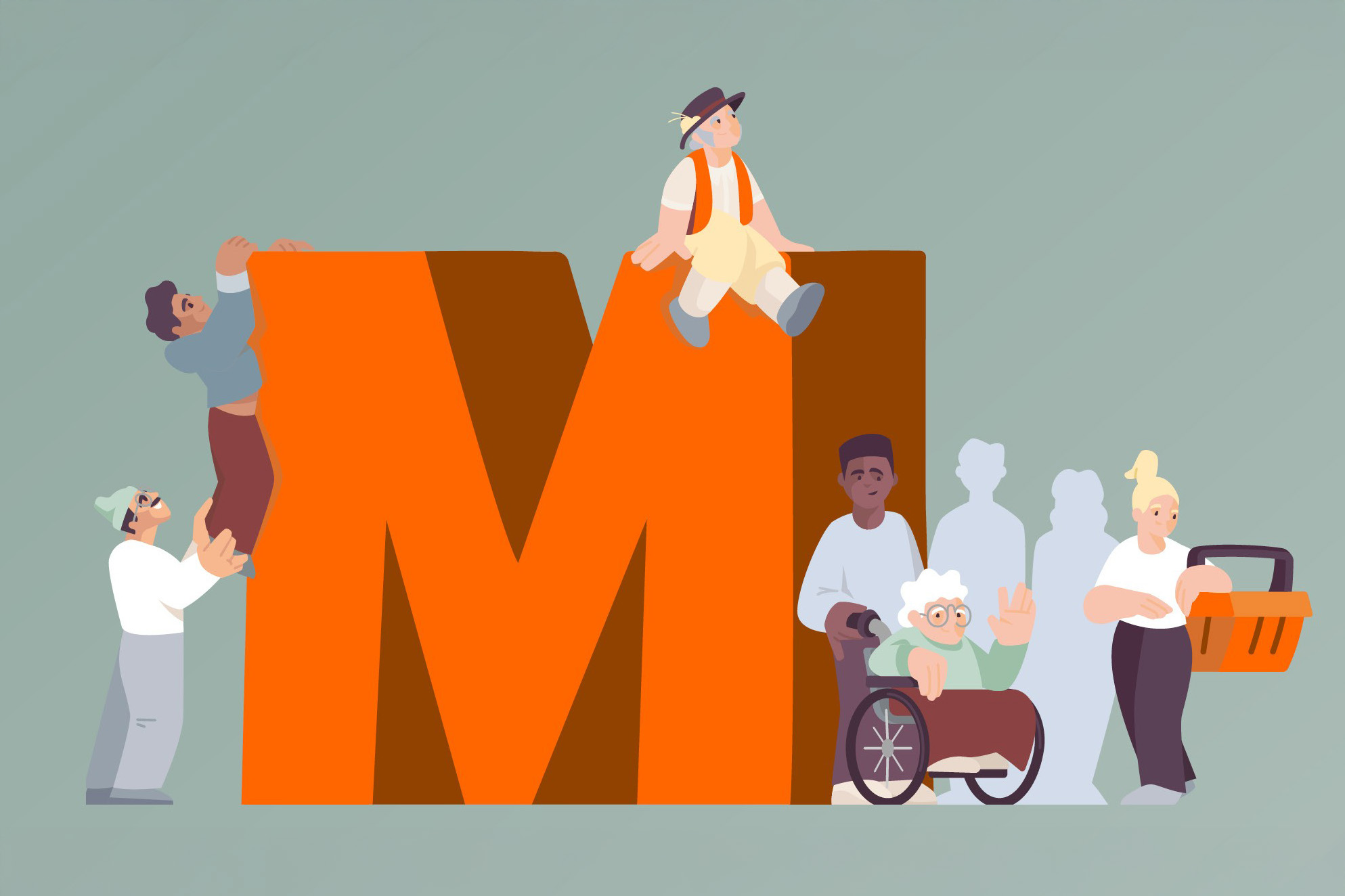 Leute stehen um orangen M