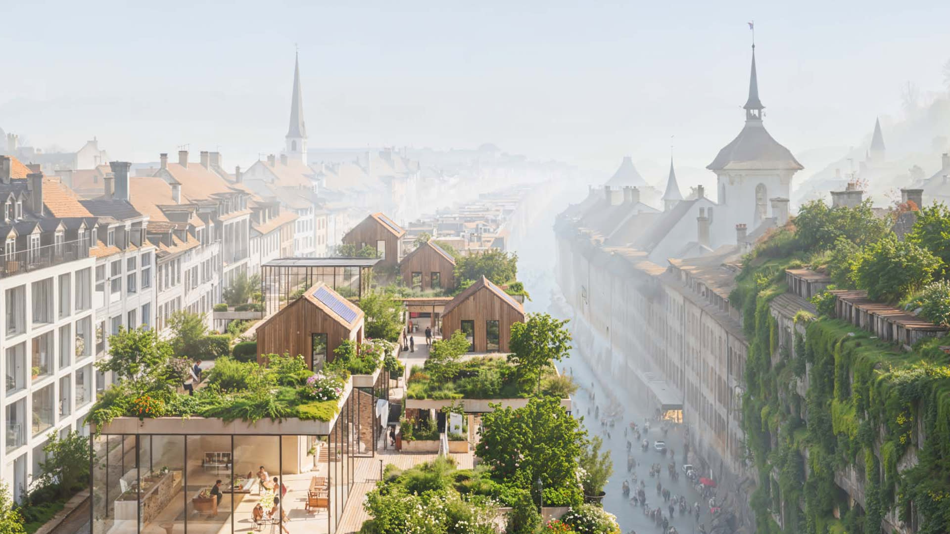 Luftaufnahme einer Stadt mit nachhaltigen Dachgärten und begrünten Gebäuden, eingebettet in historische Architektur.