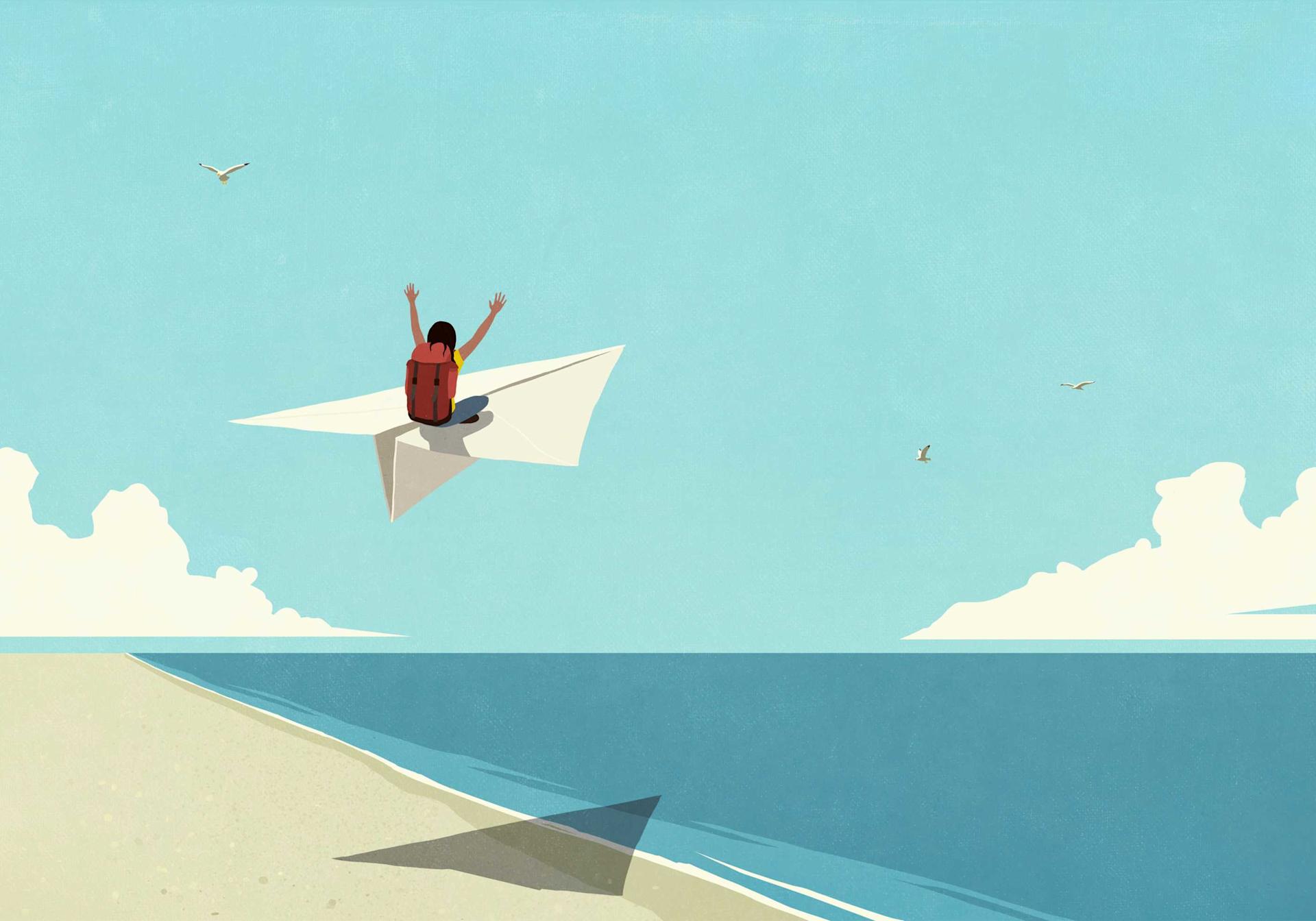 Illustration d'une personne survolant la plage sur un avion en papier