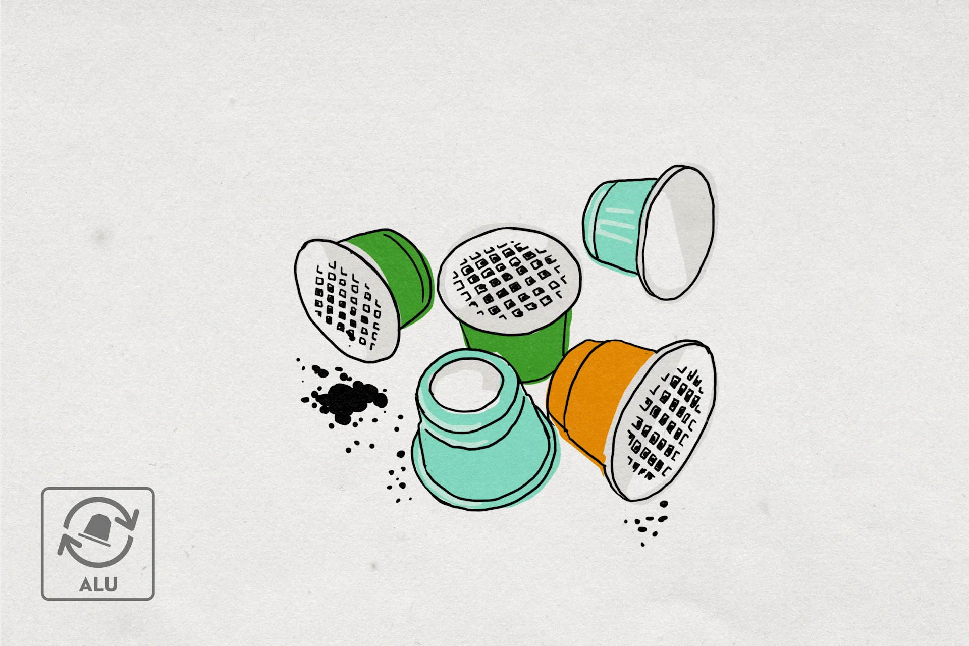 Illustration of five bright aluminium coffee capsules