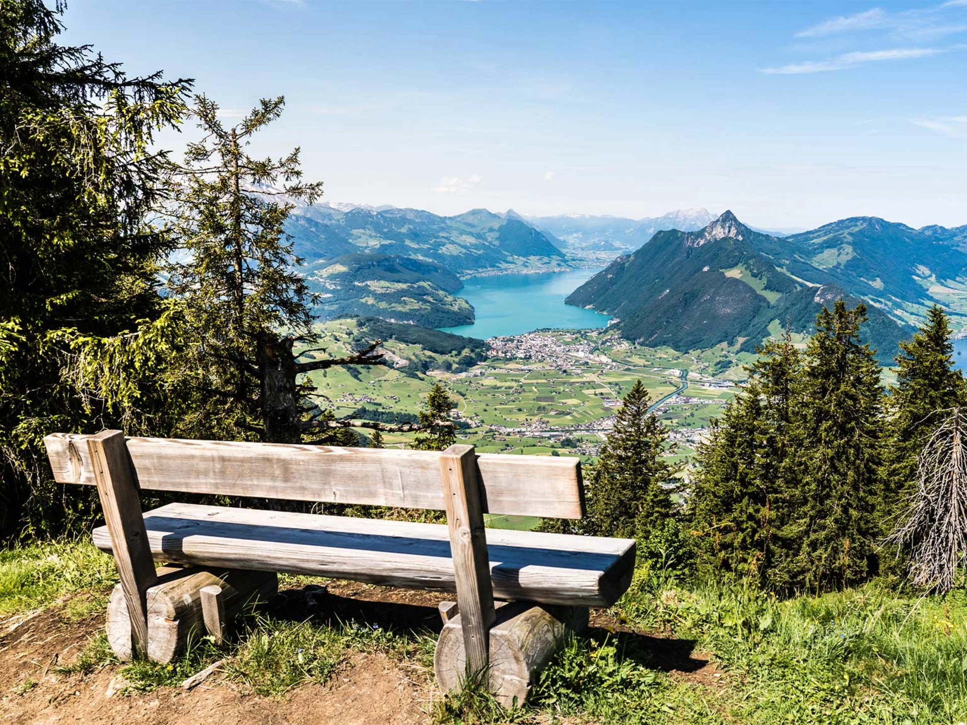 Park bench on the Rotenflue with panoramic views of the mountains and lake