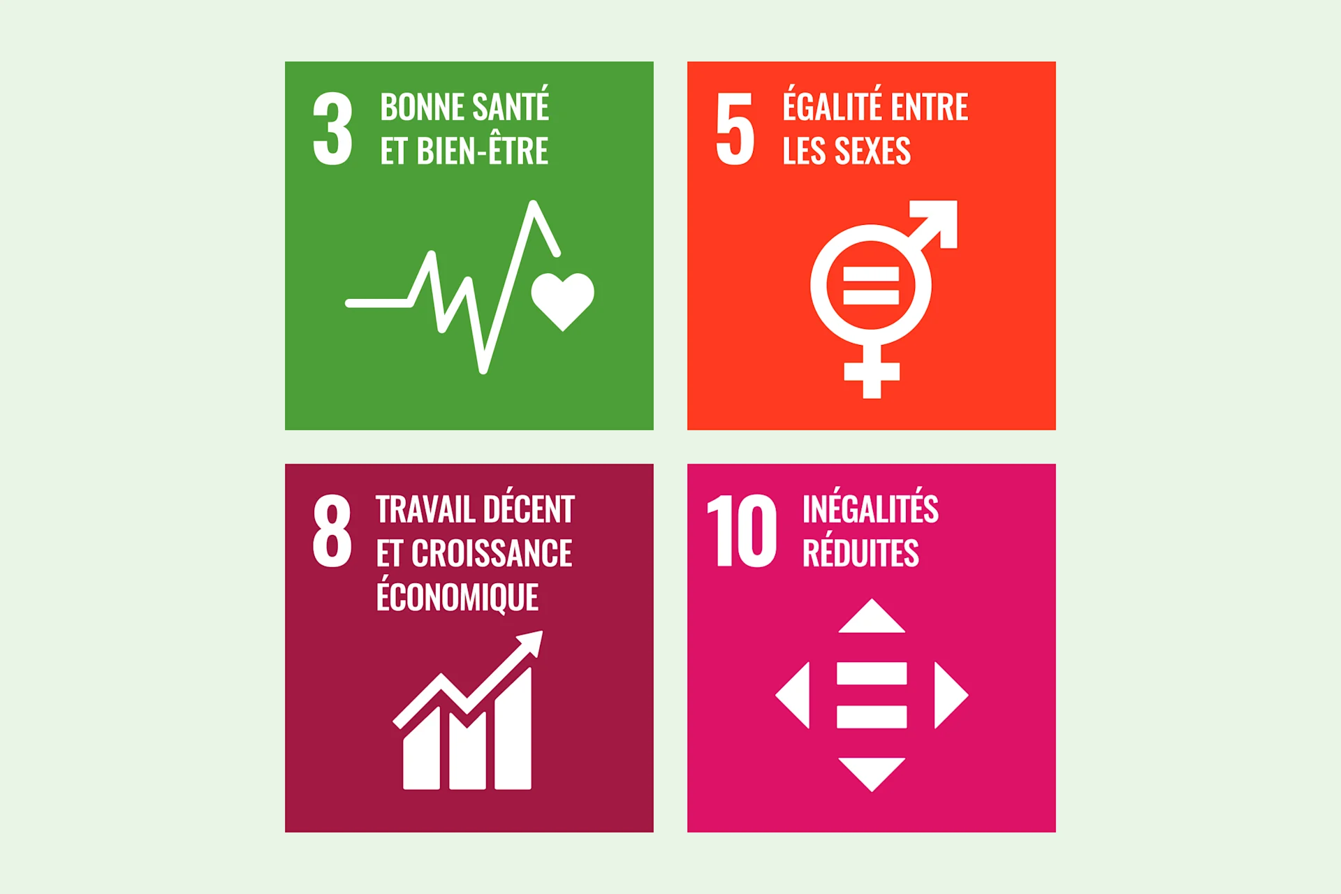 Nos objectifs d’employeur responsable sont alignés sur les ODD 3, 5, 8 et 10. Illustration de SDG 3, 5, 8 und 10.