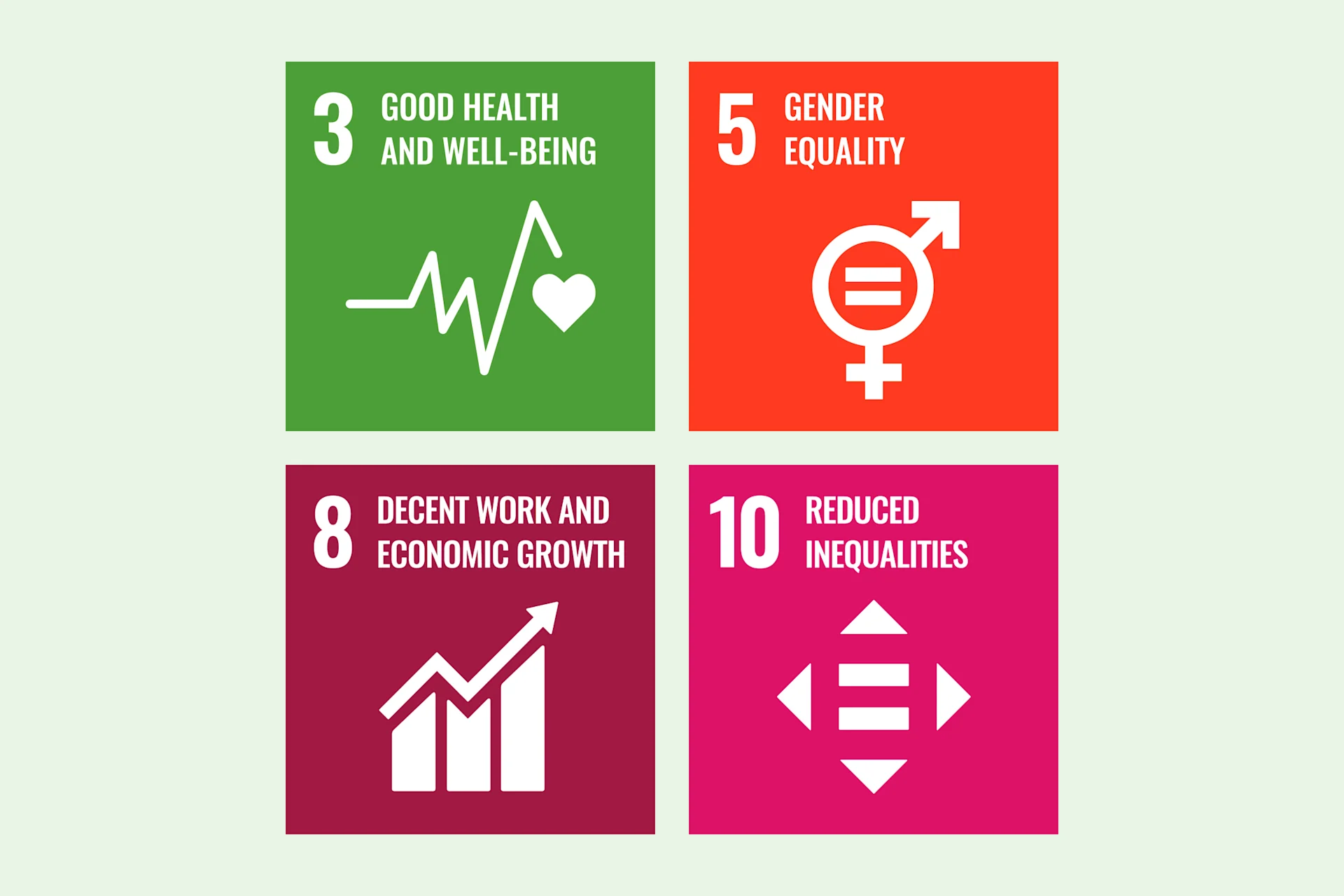 Our targets to become a more responsible employer pursue the SDGs 3, 5, 8 and 10. Illustration of SDG 3, 5, 8 und 10.