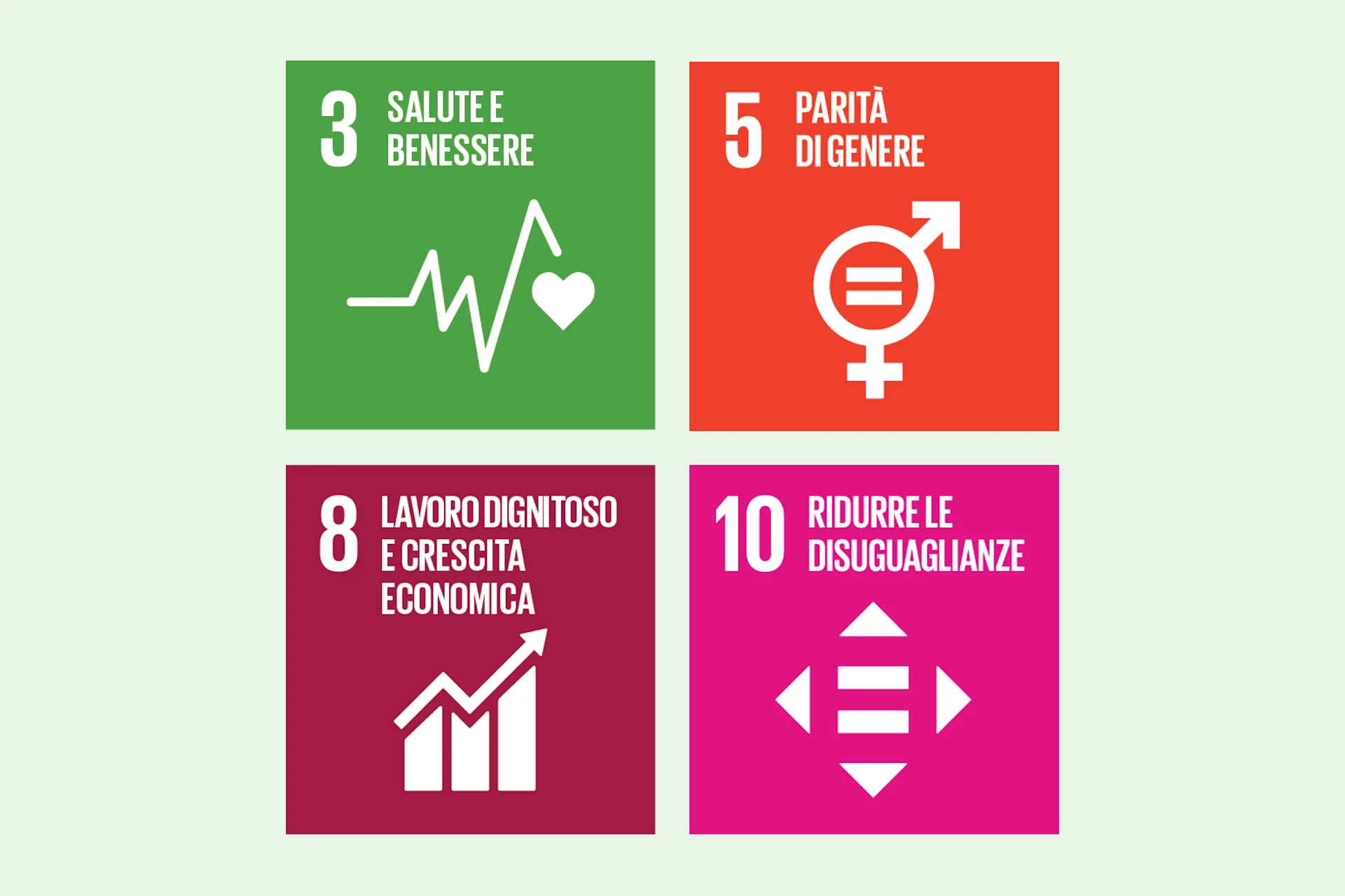 I nostri obiettivi per il settore Datore di lavoro responsabile sono allineati agli SDG 3, 5, 8 e 10 Illustrazione da SDG 3, 5, 8 und 10.