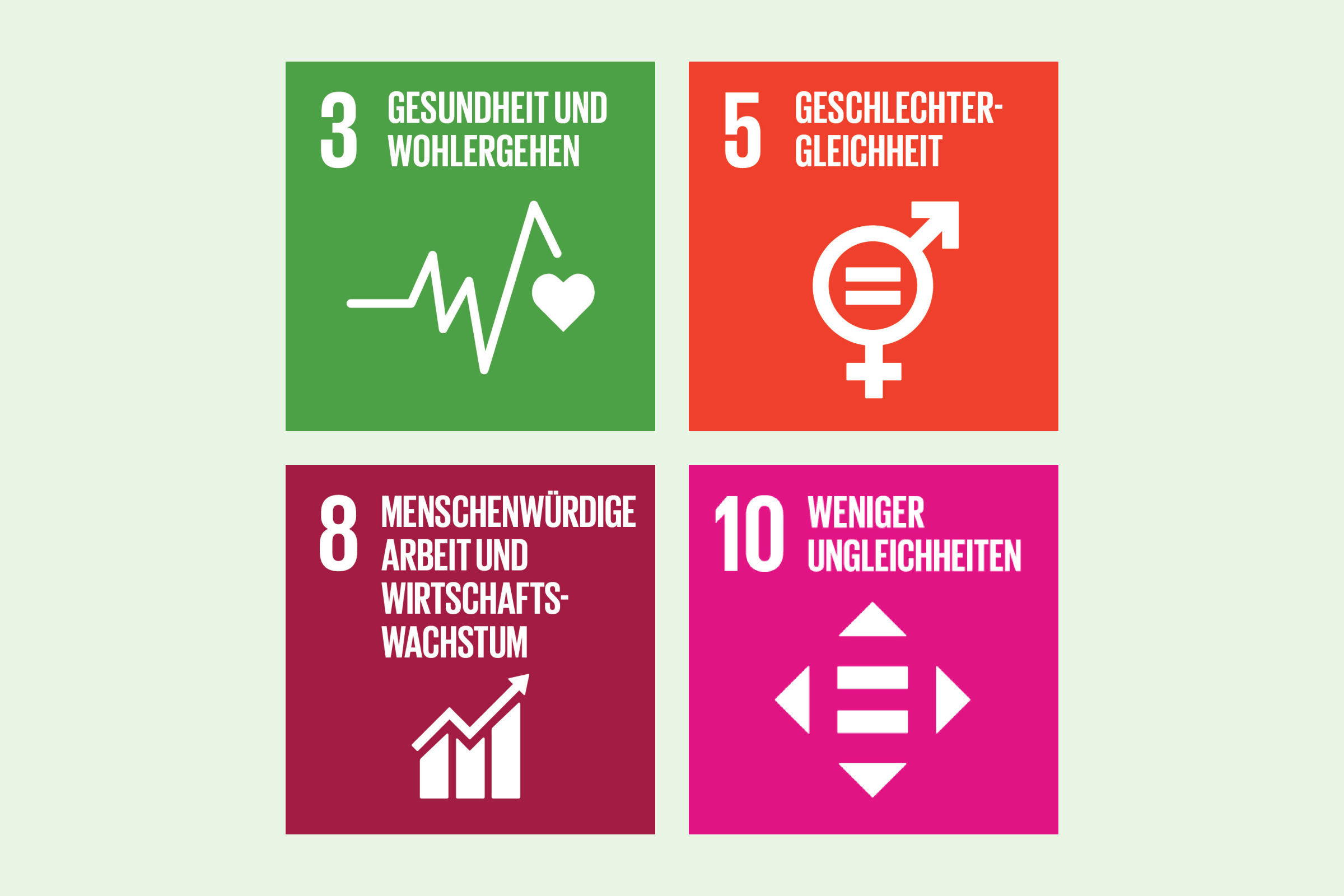 Illustration der SDG 3, 5, 8 und 10.