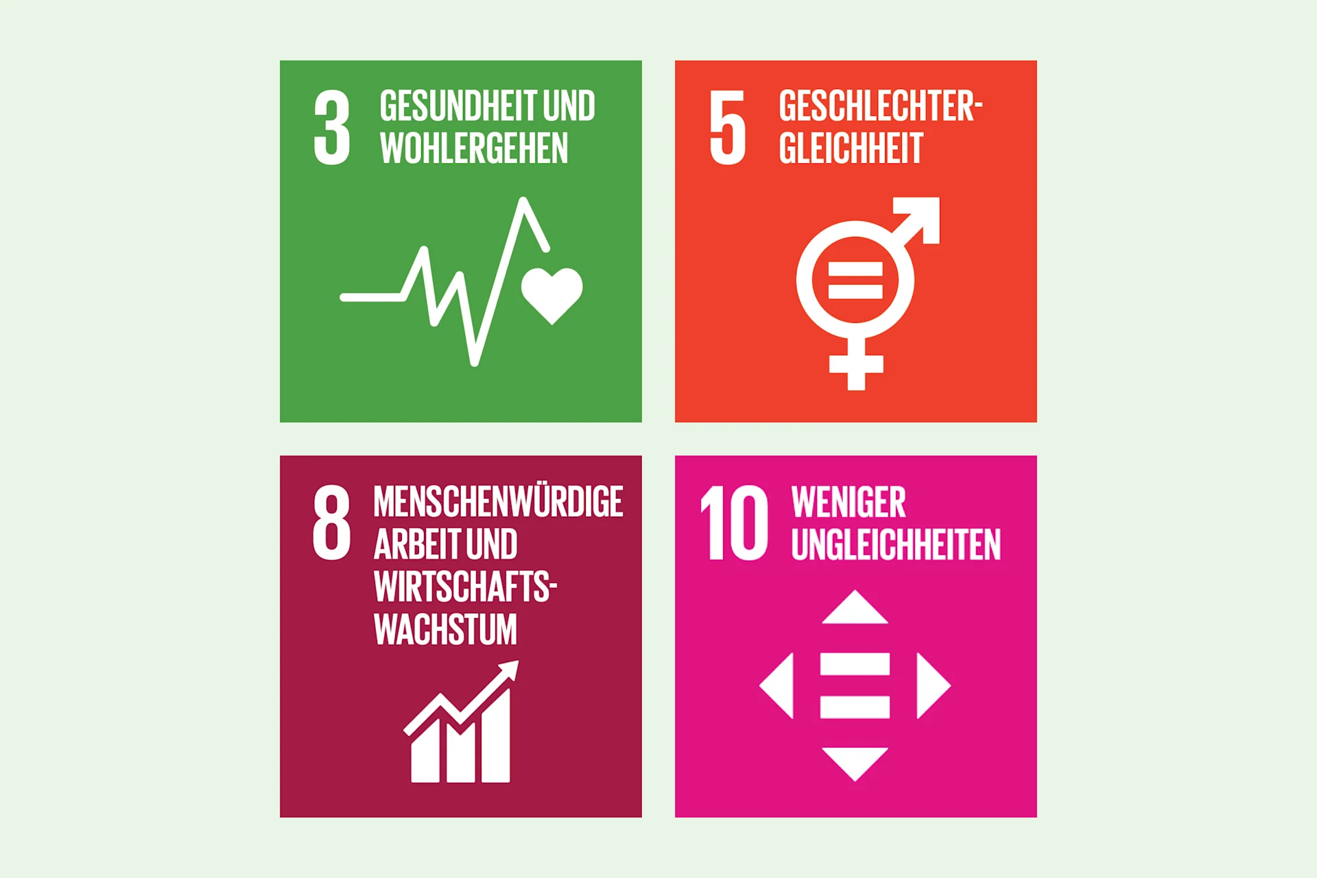 Unsere Ziele zur verantwortungsvollen Arbeitgeberin verfolgen die SDG 3, 5, 8 und 10. Illustration der SDG 3, 5, 8 und 10.