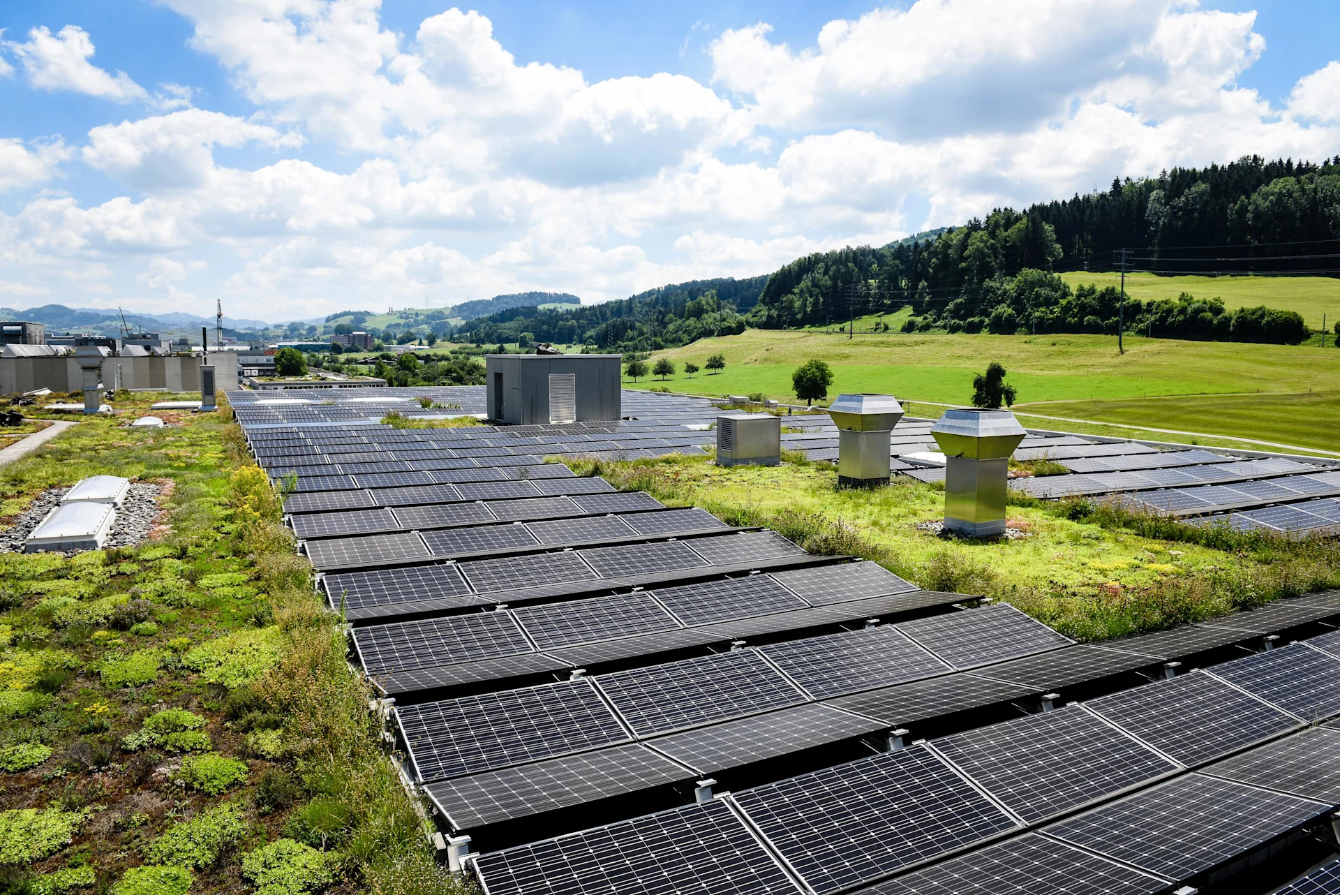 Solarpanels auf einem begrünten Flachdach