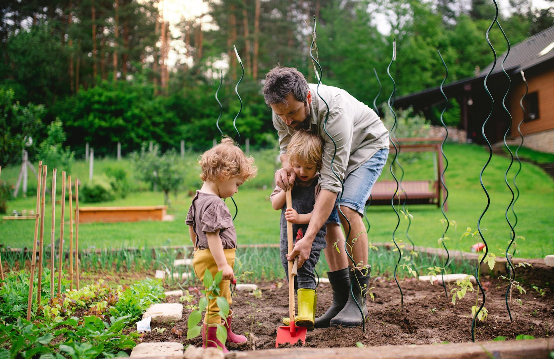 Ein Vater gärtnert mit seinen zwei Kindern