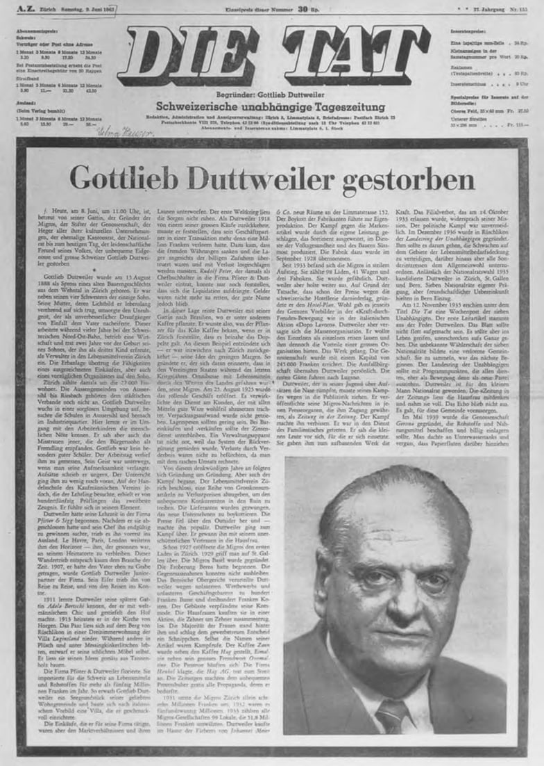 Nachruf Gottlieb Duttweiler in der politischen Zeitung "die Tat" (1962).  [MGB_Dok_Fo_001911] 