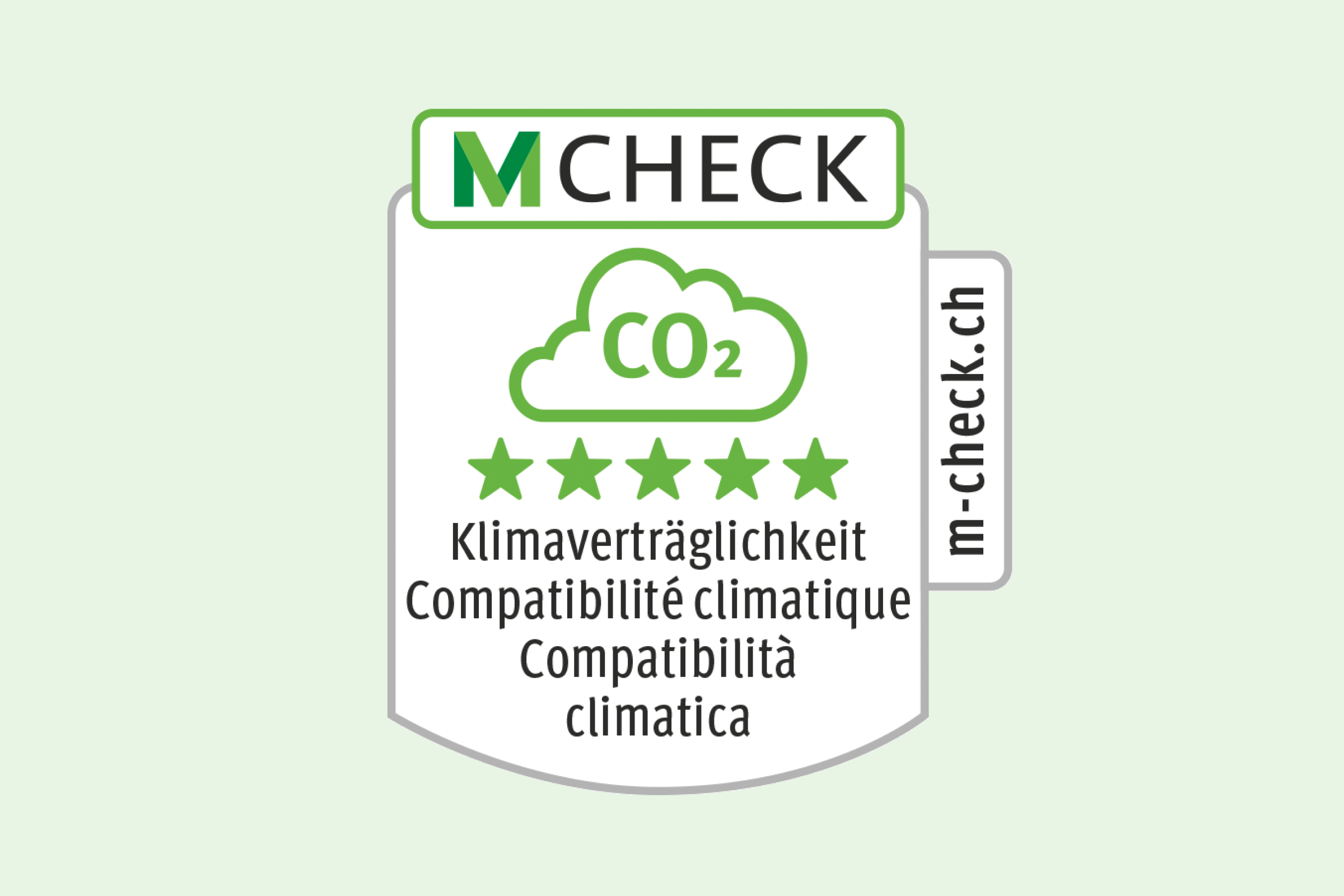 Icona M-Check per la compatibilità climatica con 5 stelle verdi.