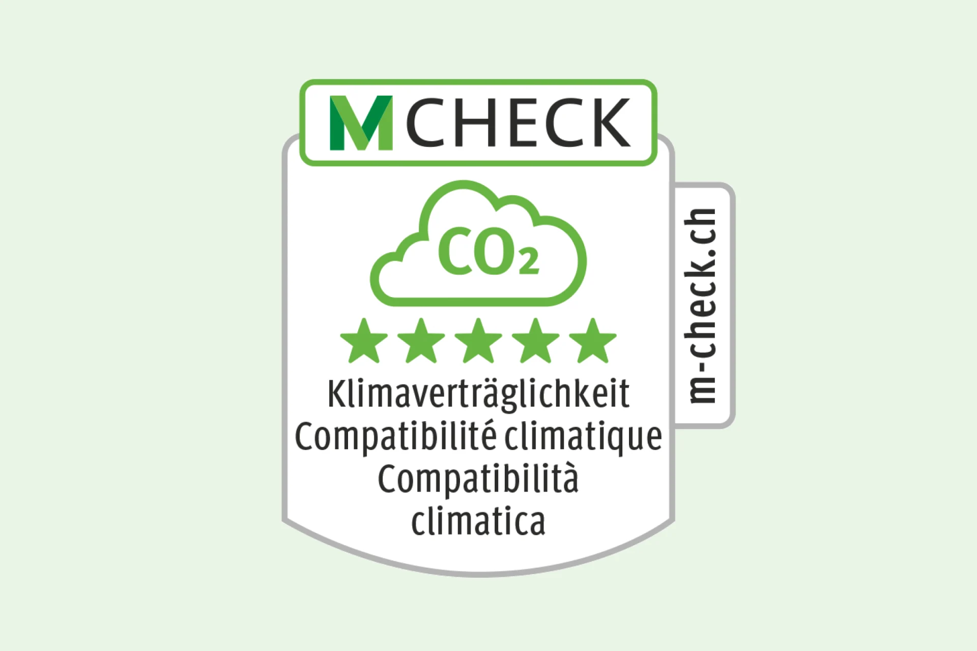 M-Check-Label Klimaverträglichkeit mit 5 grünen Sternen.