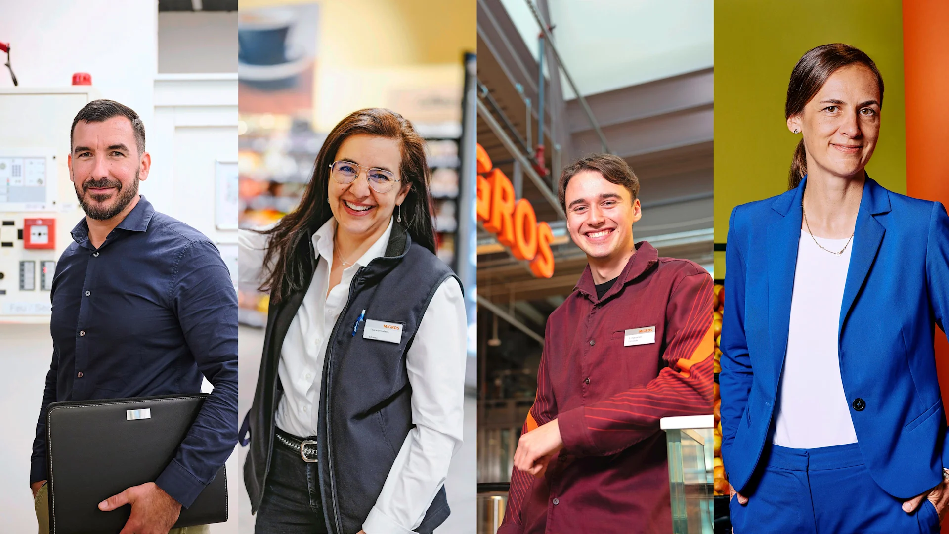 Quattro dipendenti Migros in ambienti diversi