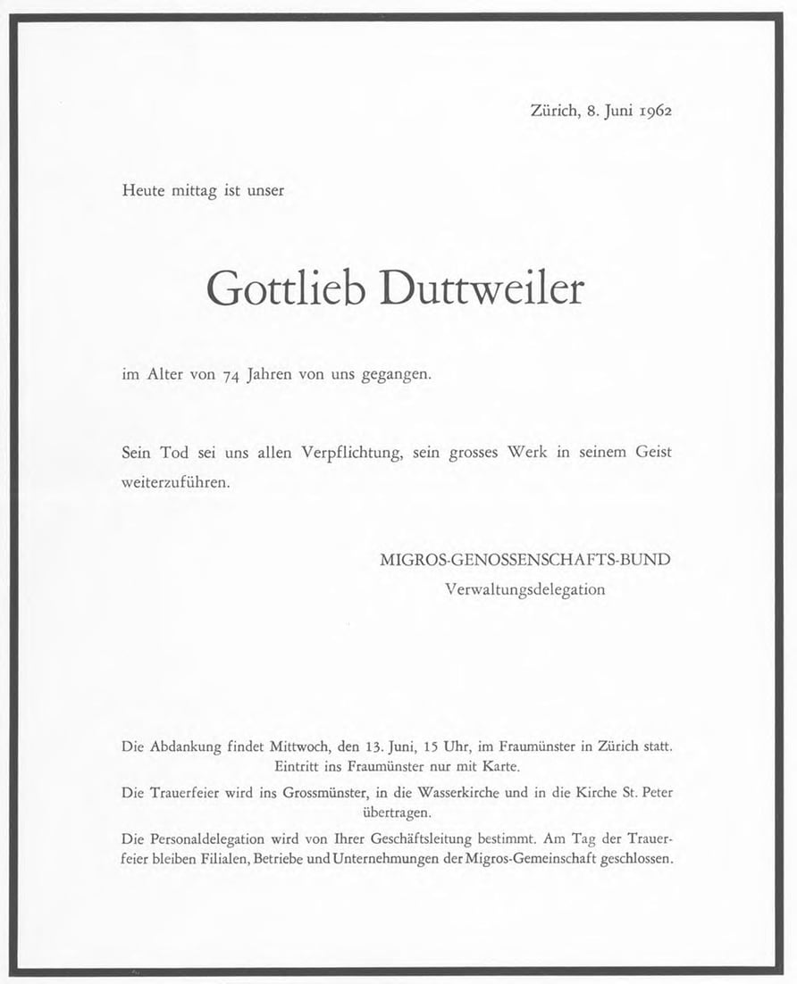 Todesanzeige Gottlieb Duttweiler (1962).  [MGB_Dok_Fo_001878]
