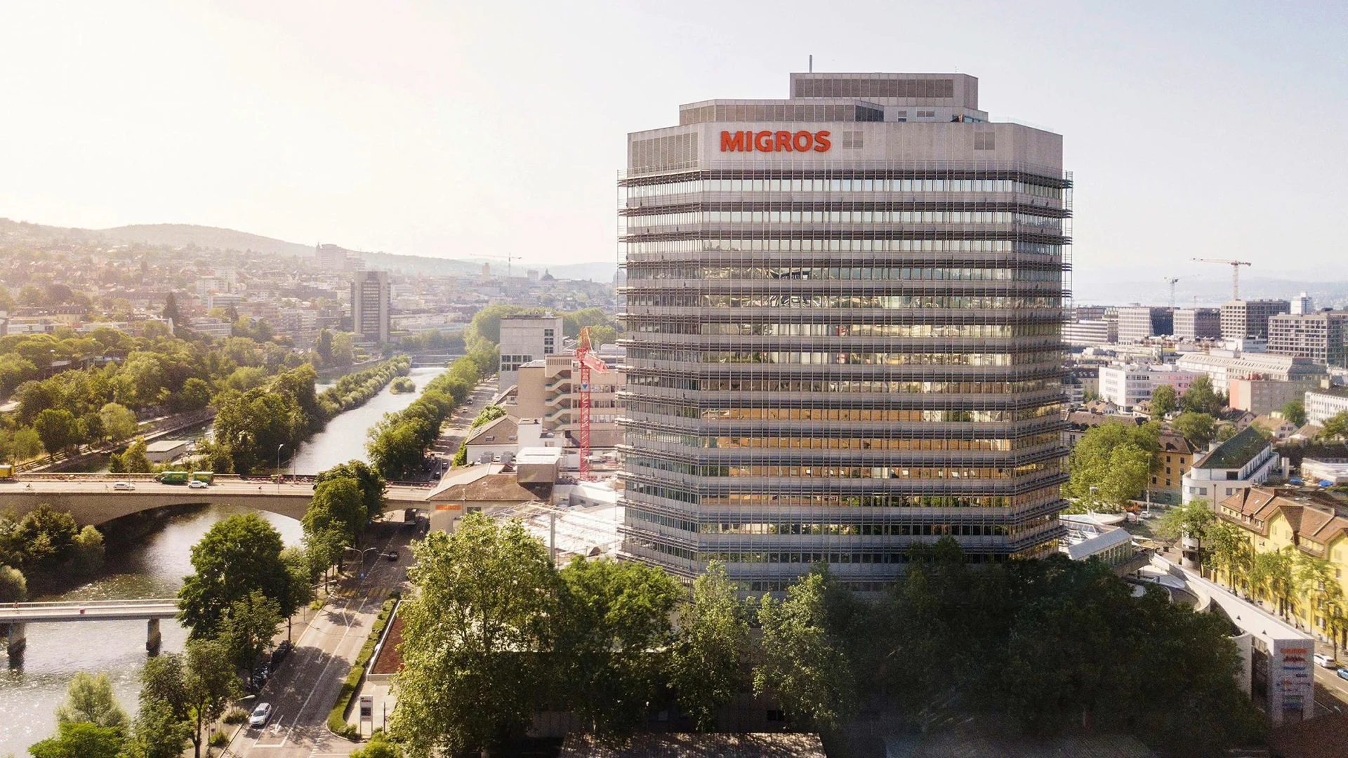 Aerial view of the Migros Tower in Zurich
