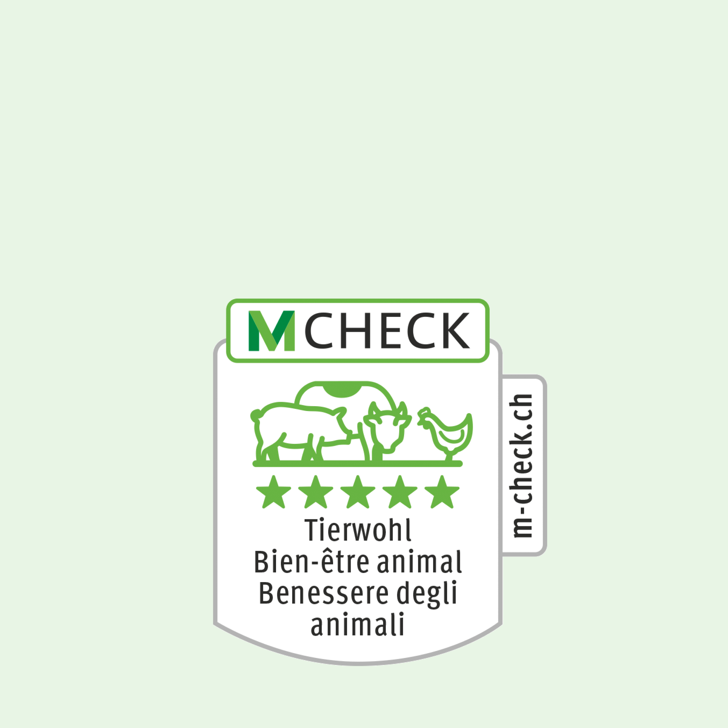 M-Check-Icon mit einer Kuh, einem Schwein und einem Huhn, darunter vier Sterne in Tierwohl.