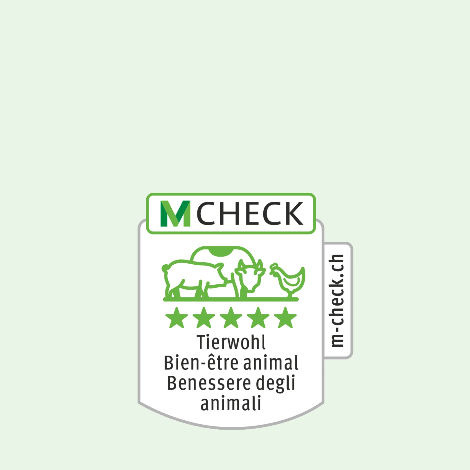 M-Check icon with a cow, a pig, a chicken and, below this, four stars for animal welfare.