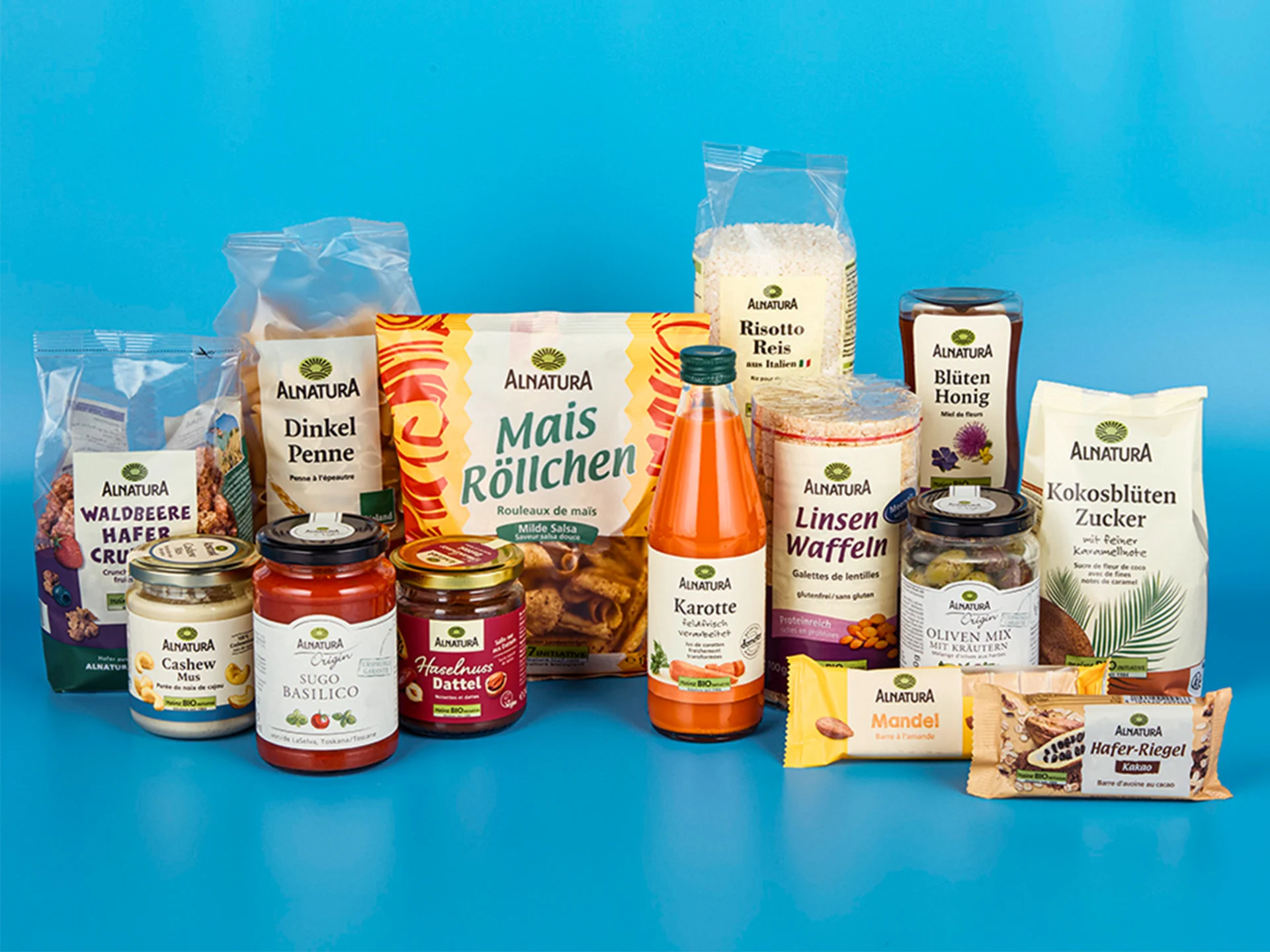 Various Alnatura products on a blue background