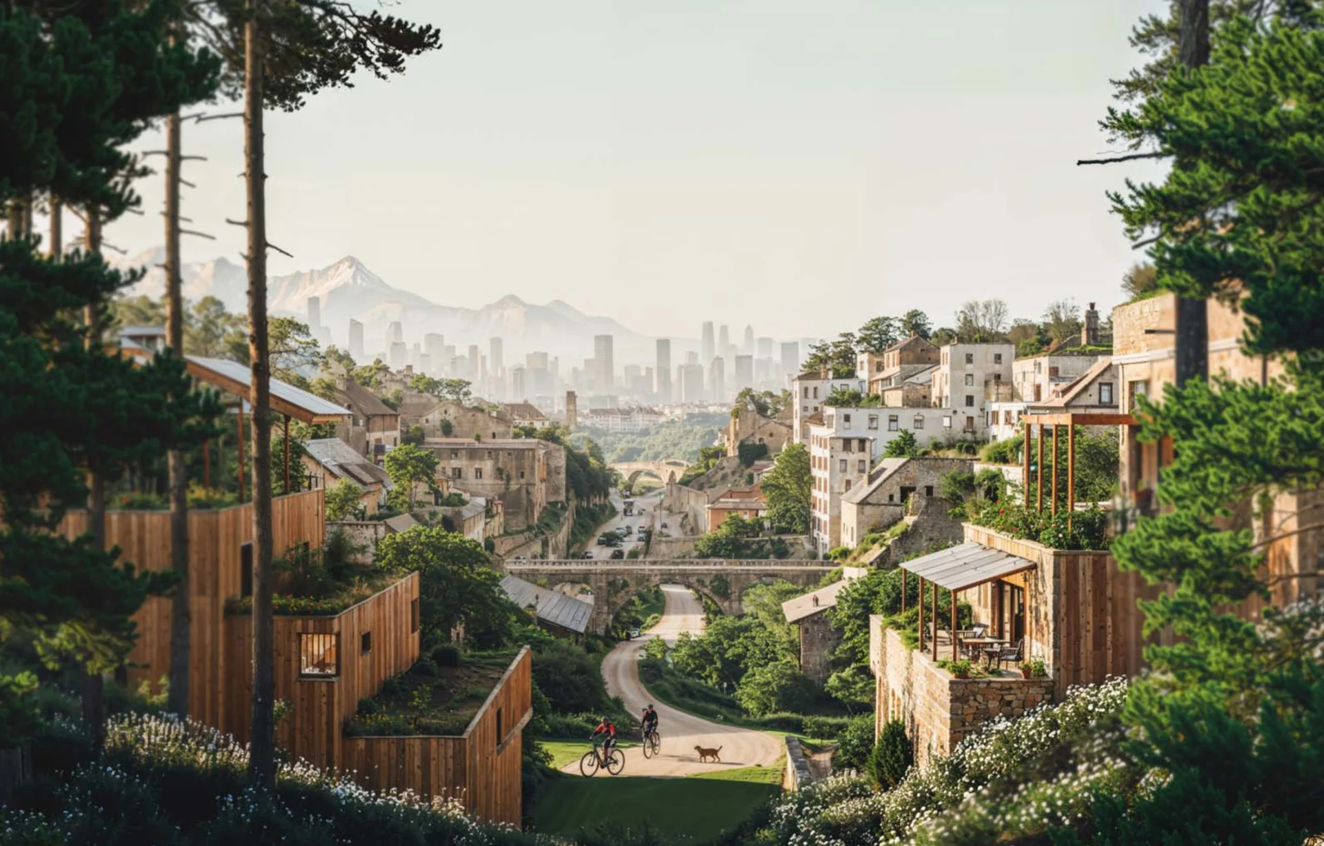 Malerische Landschaft mit nachhaltigen Holzhäusern, eingebettet in eine grüne Umgebung. Im Hintergrund eine moderne Skyline und Berge.