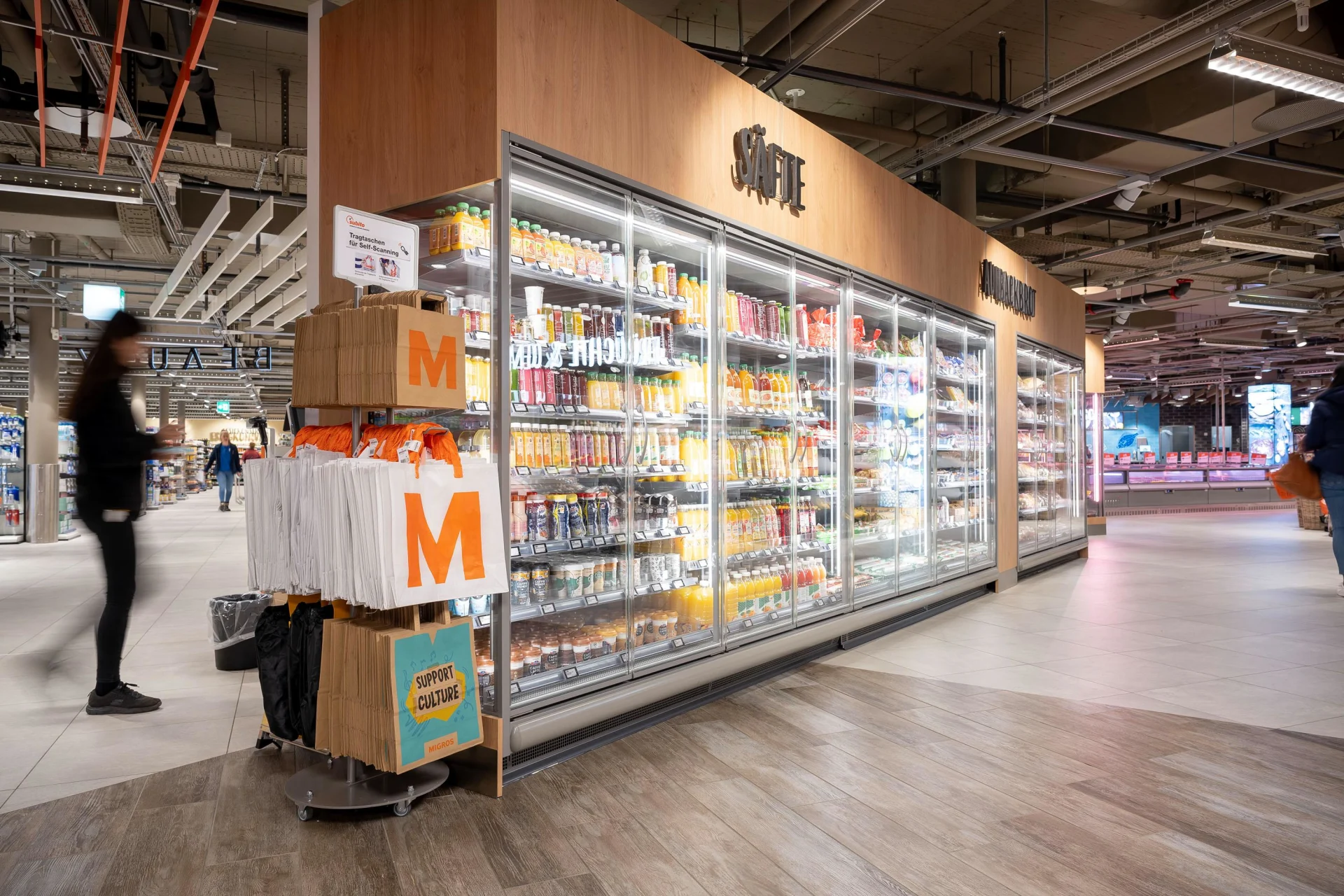 Refrigerated shelves in a Migros branch