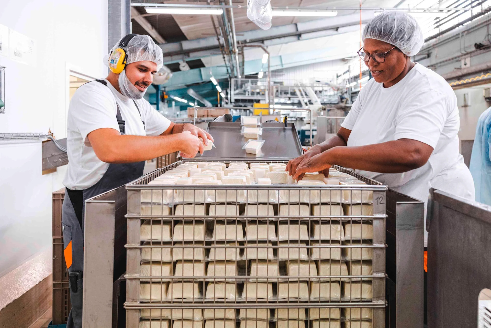 Two employees fill tofu packs into delivery tubs