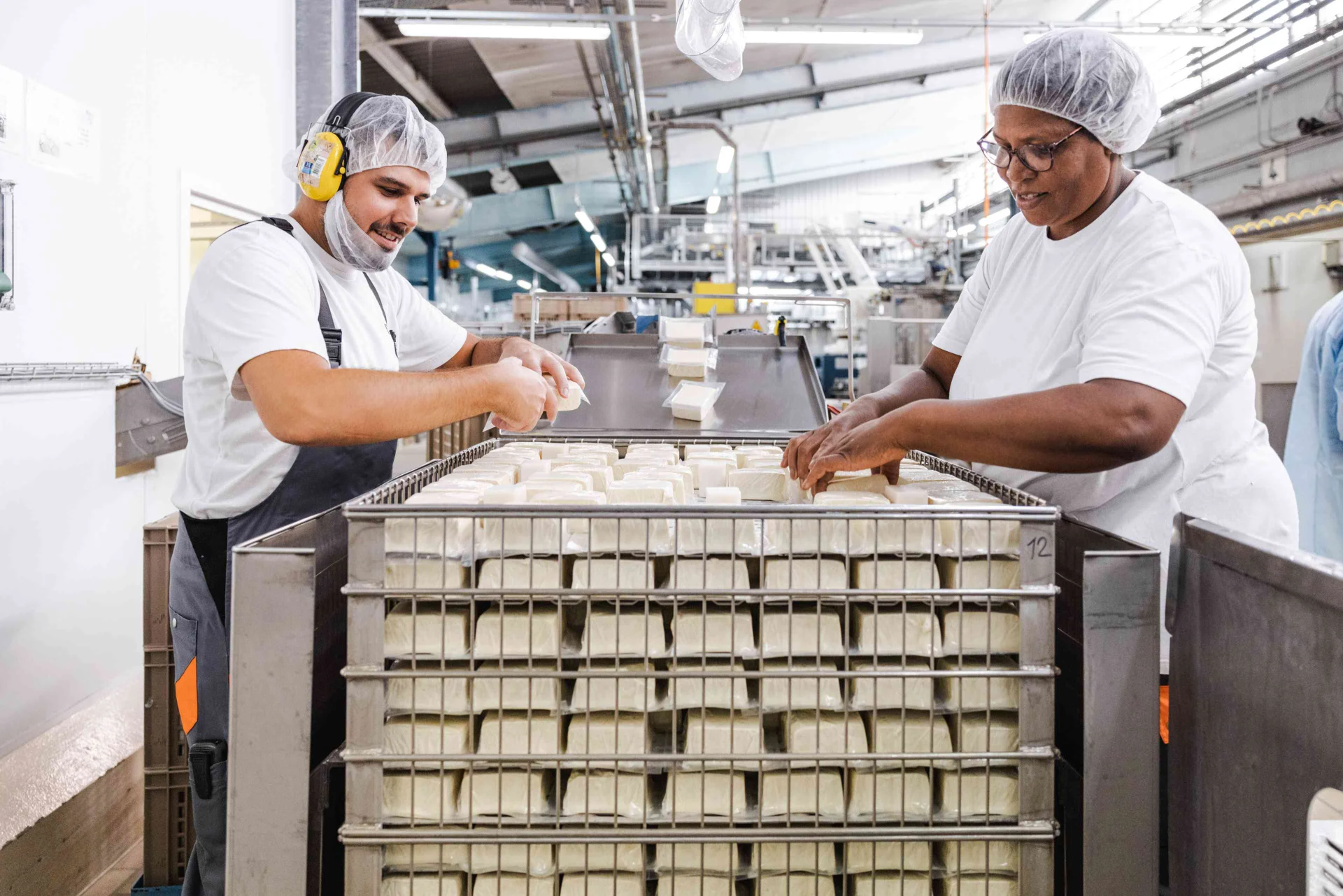 Deux employés remplissent des emballages de tofu dans des harasses de livraison