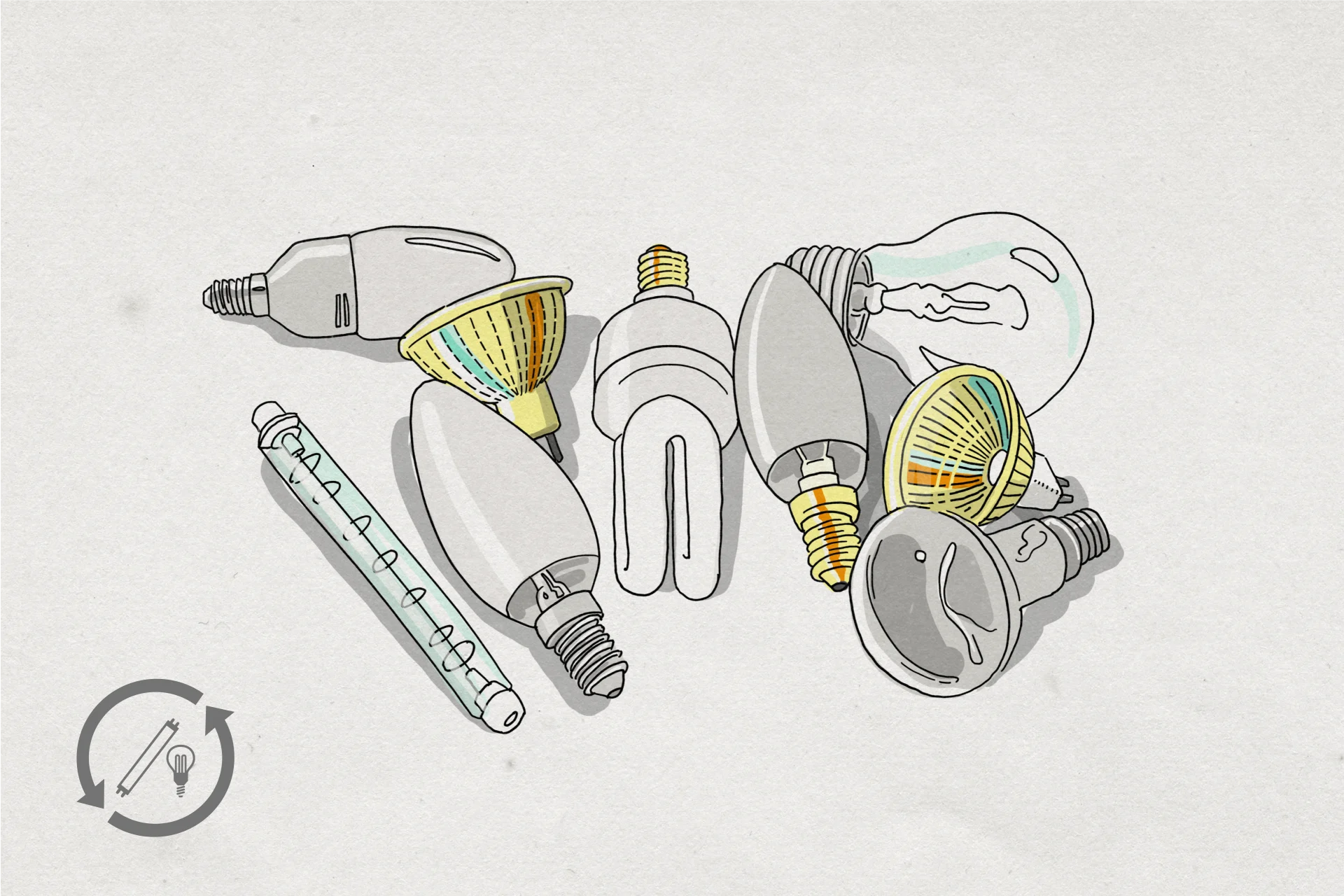 Image représentant des ampoules LED, des ampoules à économie d’énergie ainsi que des tubes fluorescents