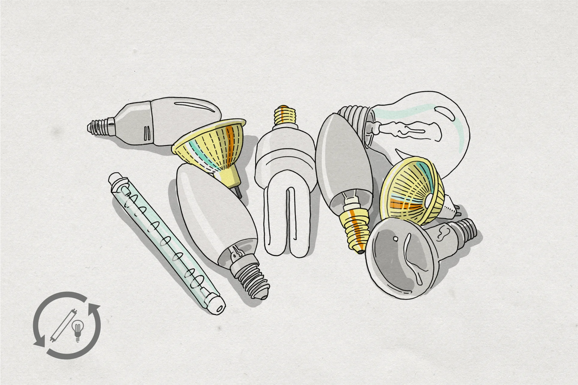 Illustration of LED bulbs, energy-saving bulbs and fluorescent tubes