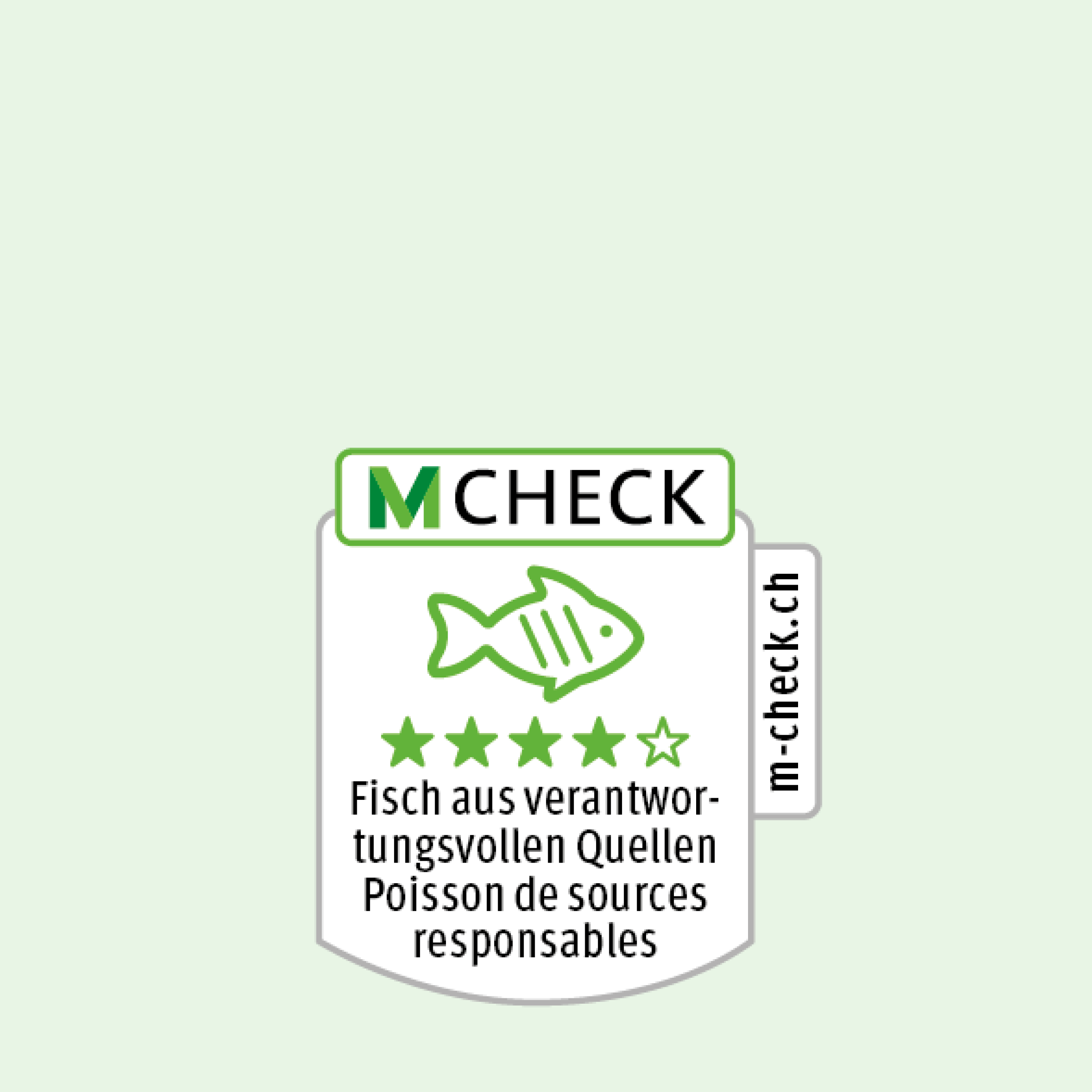 M-Check-Icon mit einem Fisch, darunter vier Sterne für Fisch aus verantwortungsvollen Quellen