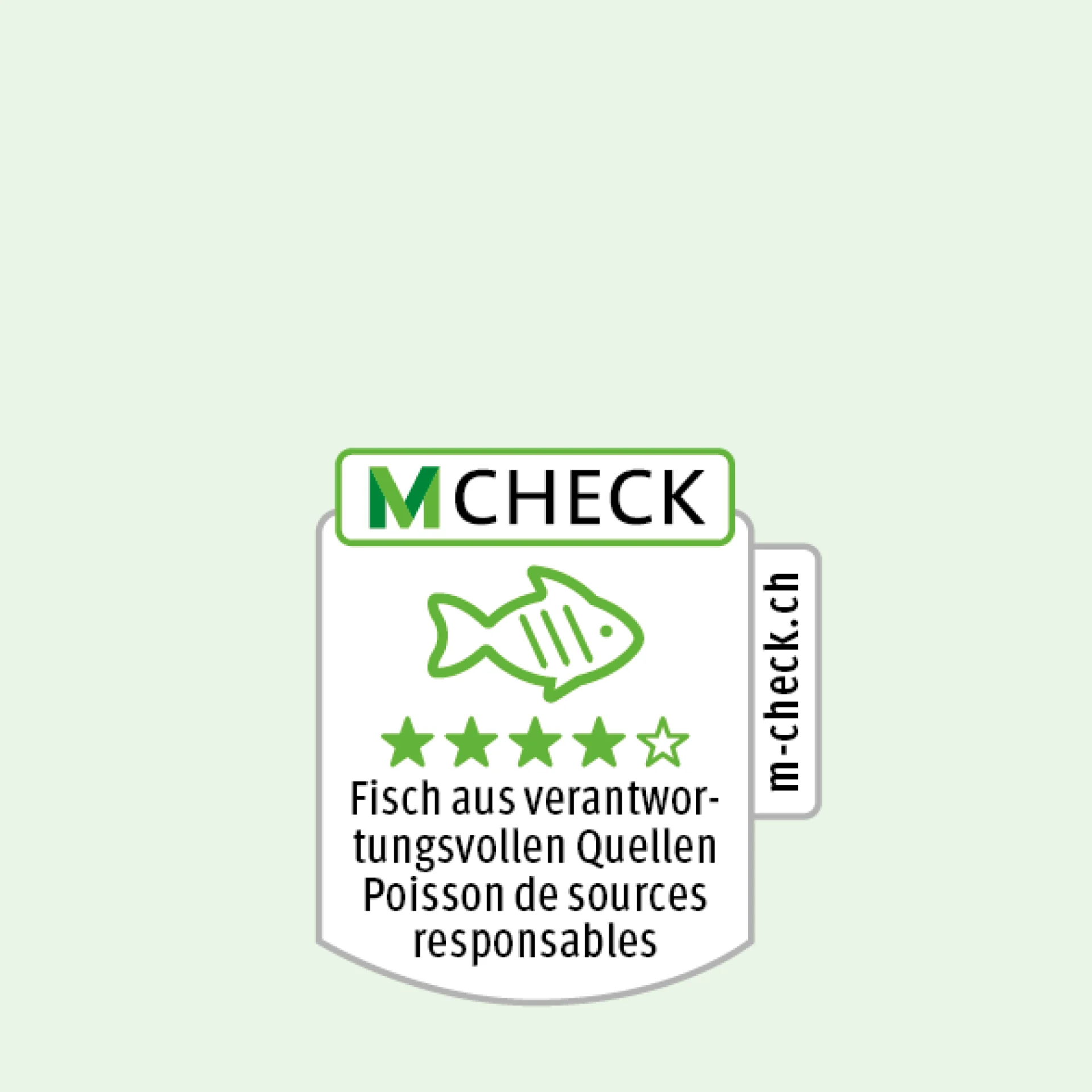 M-Check-Icon mit einem Fisch, darunter vier Sterne für Fisch aus verantwortungsvollen Quellen