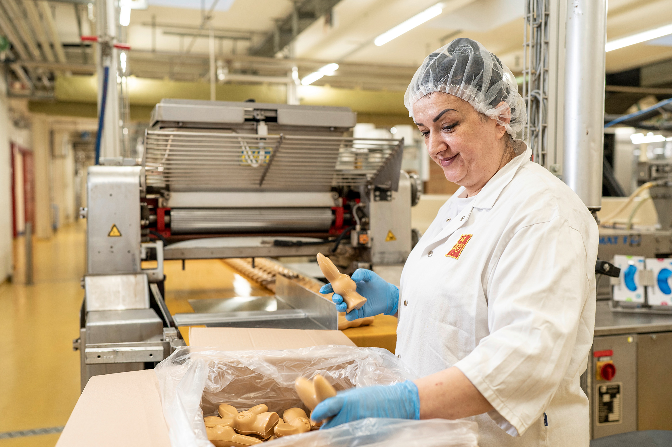 A production employee with a box of chocolate bunny blanks.