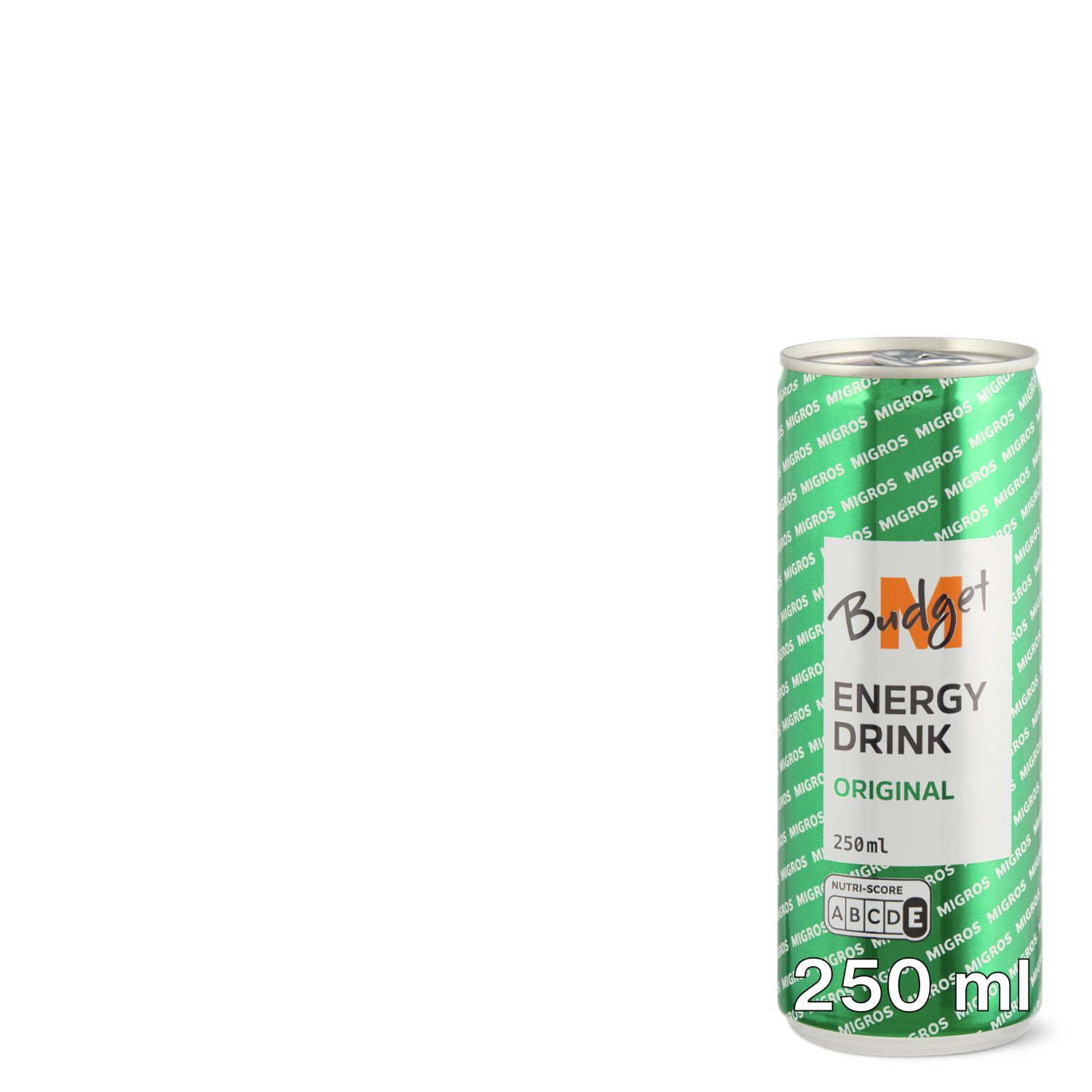 Dose Migros Budget Energy Drink Original mit grün‑weissem Design, Produktname und Nährwertangaben auf der Vorderseite, Inhalt 250 ml.