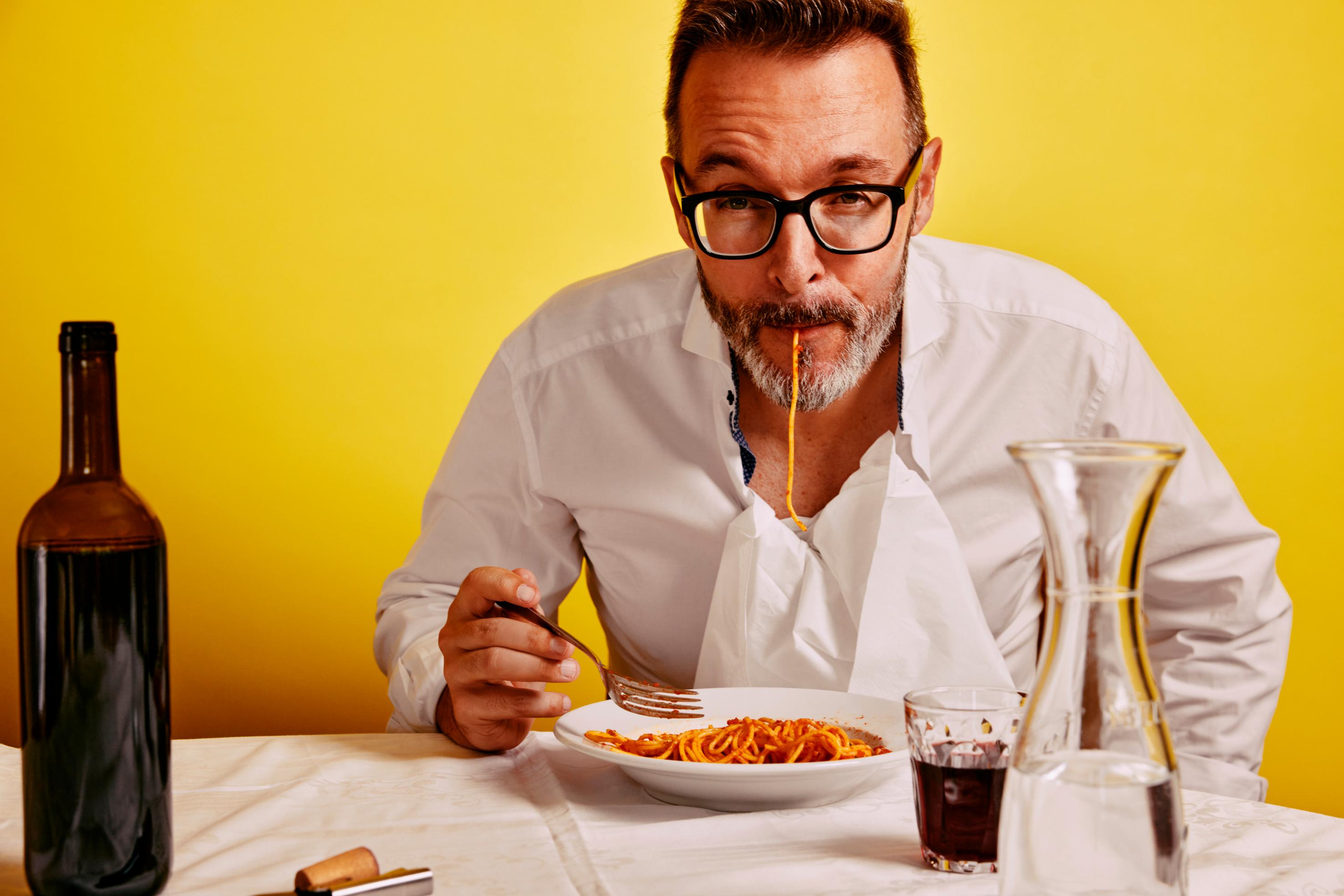 Oliver Höfler enjoys a plate of spaghetti