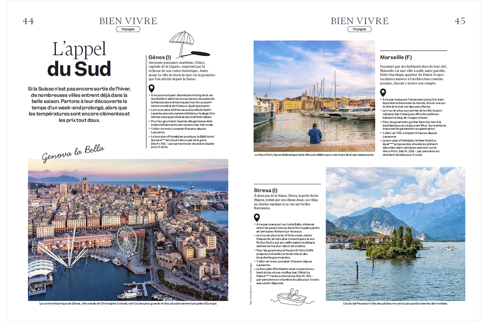 Mise en page d'une double page de la rubrique Bien Vivre du magazine Migros