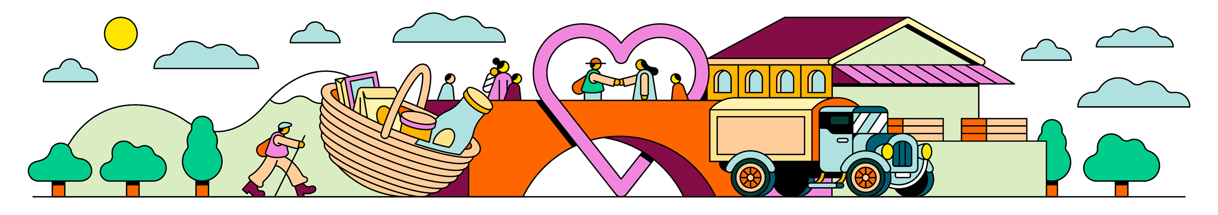 A colourful illustration of an old Migros trolley, a basket filled with products. Scene from the 1920s.