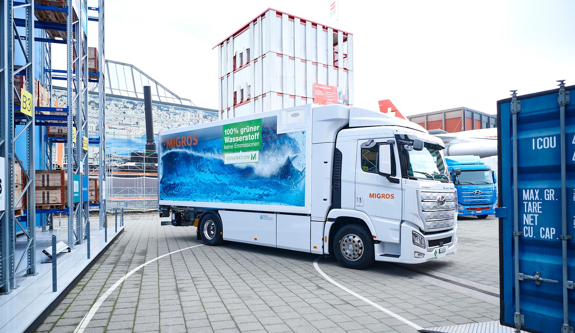 A hydrogen truck in an interior courtyard