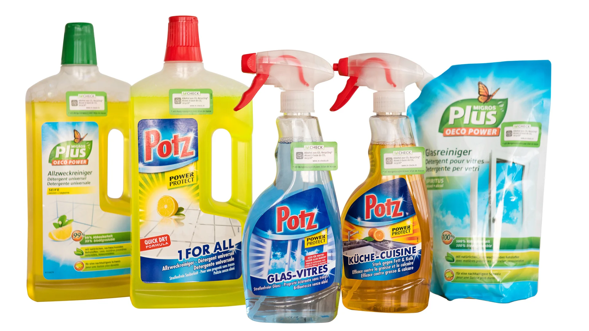 Various cleaning agents (Potz and Migros Plus) that contain alcohol made from recycled CO2.