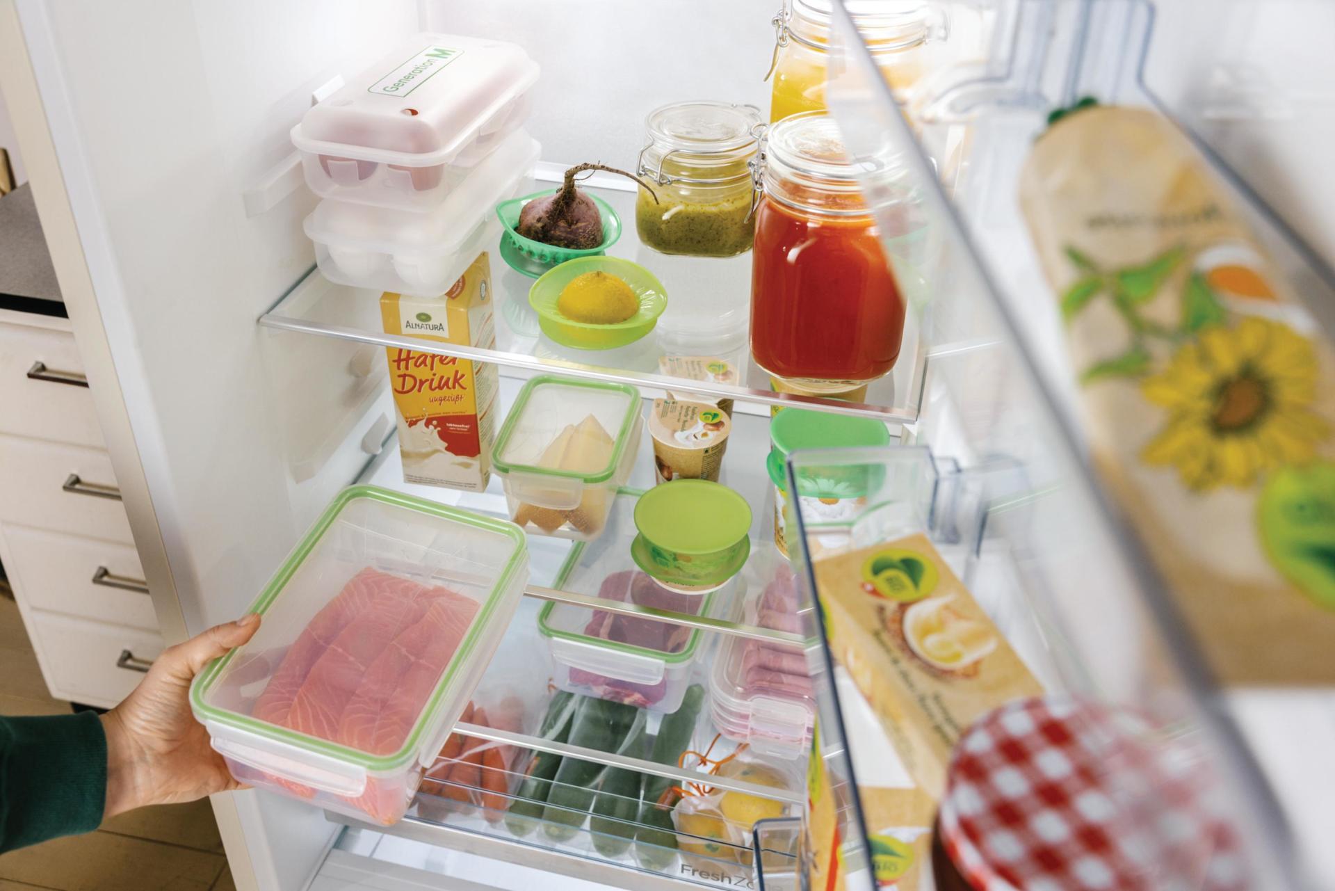 An open refrigerator door gives a clear view of neatly filled food