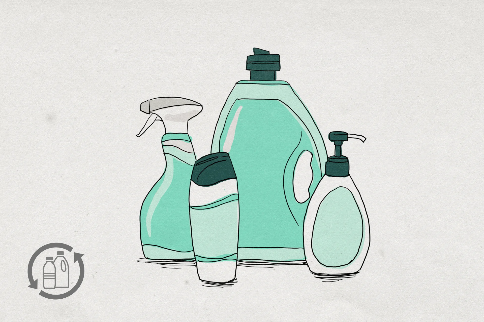 Illustration of empty plastic bottles that contained soap, shampoo, detergent and cleaning products