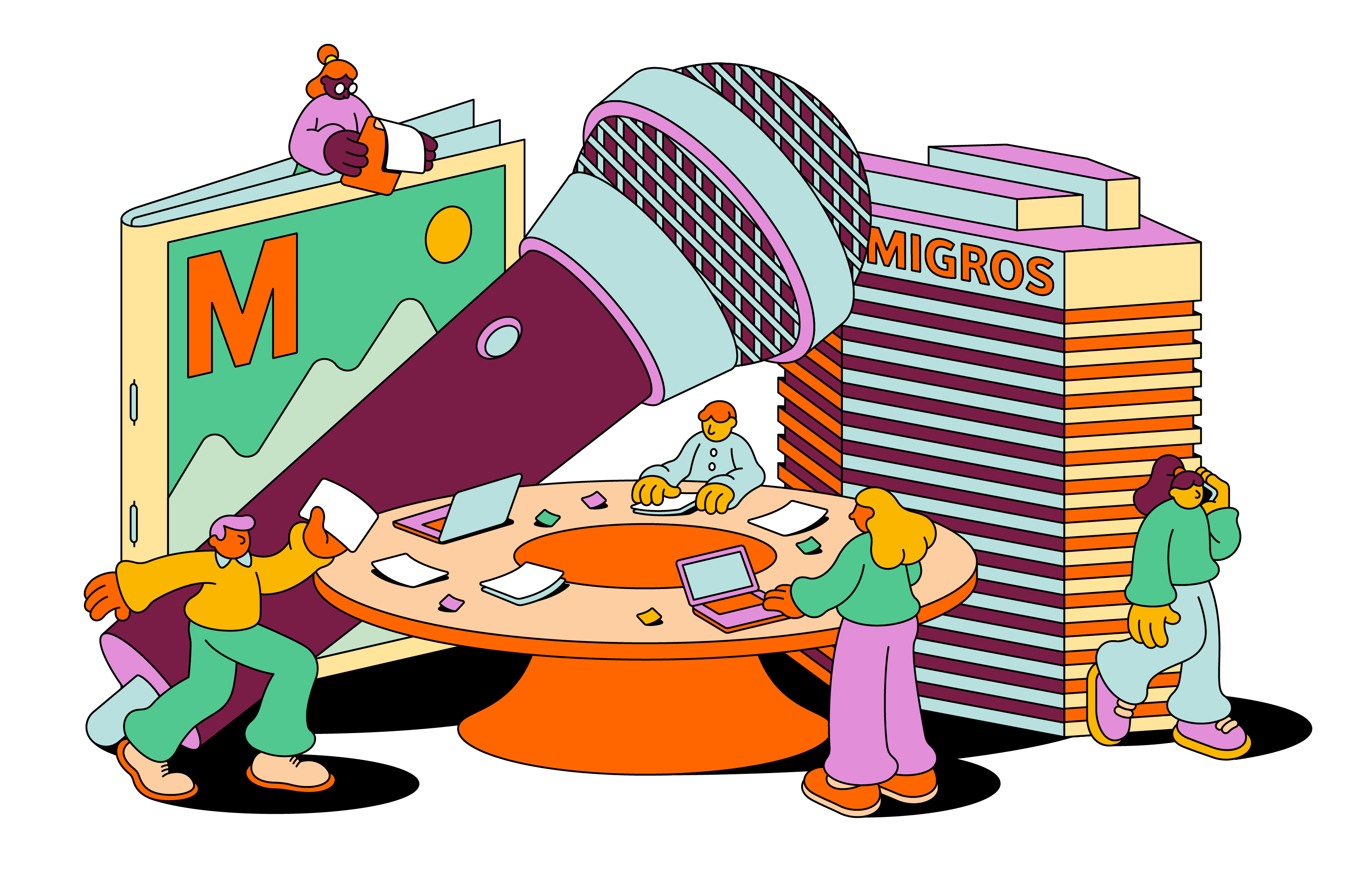 Illustration du travail d'équipe avec un microphone, un bâtiment Migros et des éléments créatifs en arrière-plan.