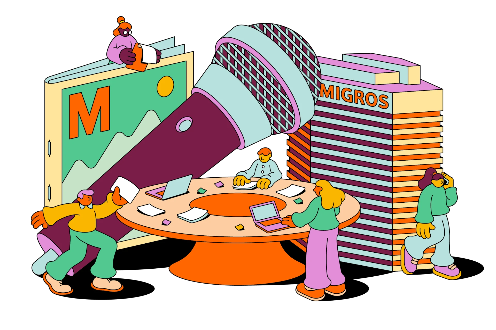 Illustration du travail d'équipe avec un microphone, un bâtiment Migros et des éléments créatifs en arrière-plan.