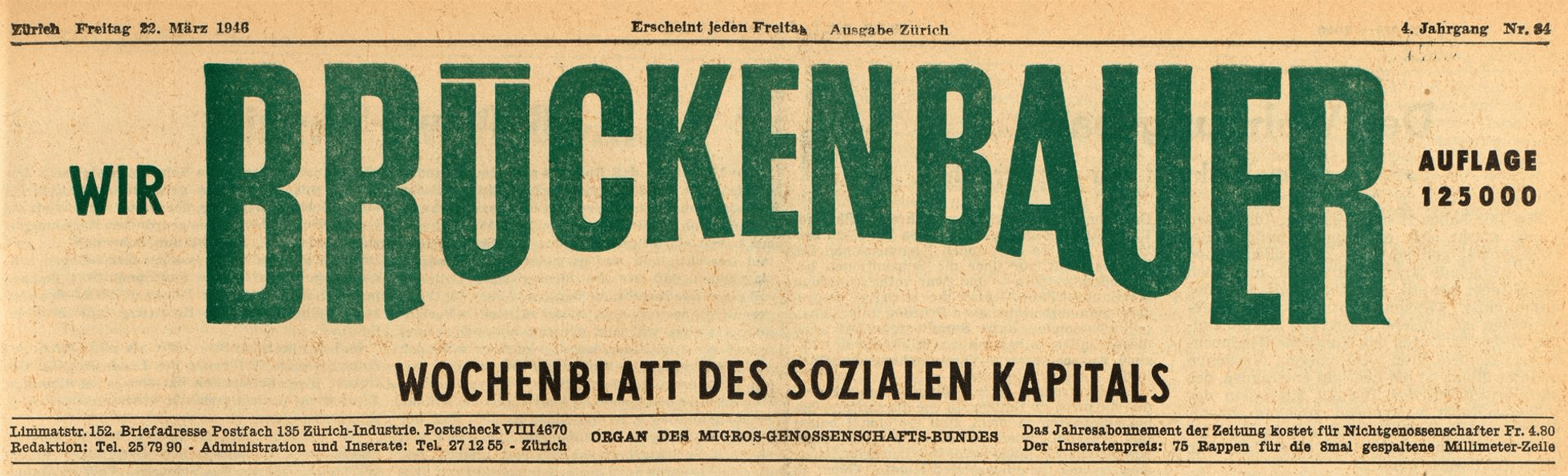 Cover of the first issue of the weekly newspaper “Wir Brückenbauer” (1942).