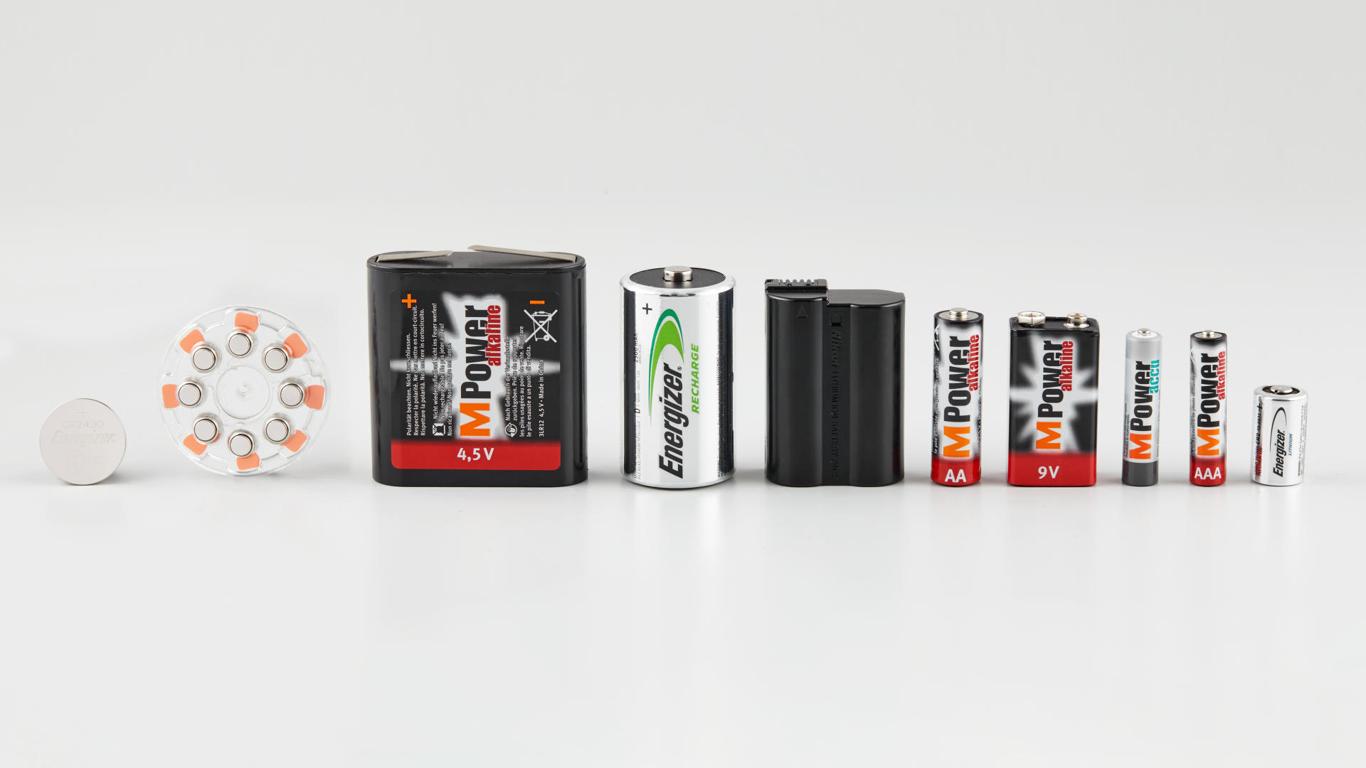 Die verschiedenen Batterien nebeneinander aufgereiht